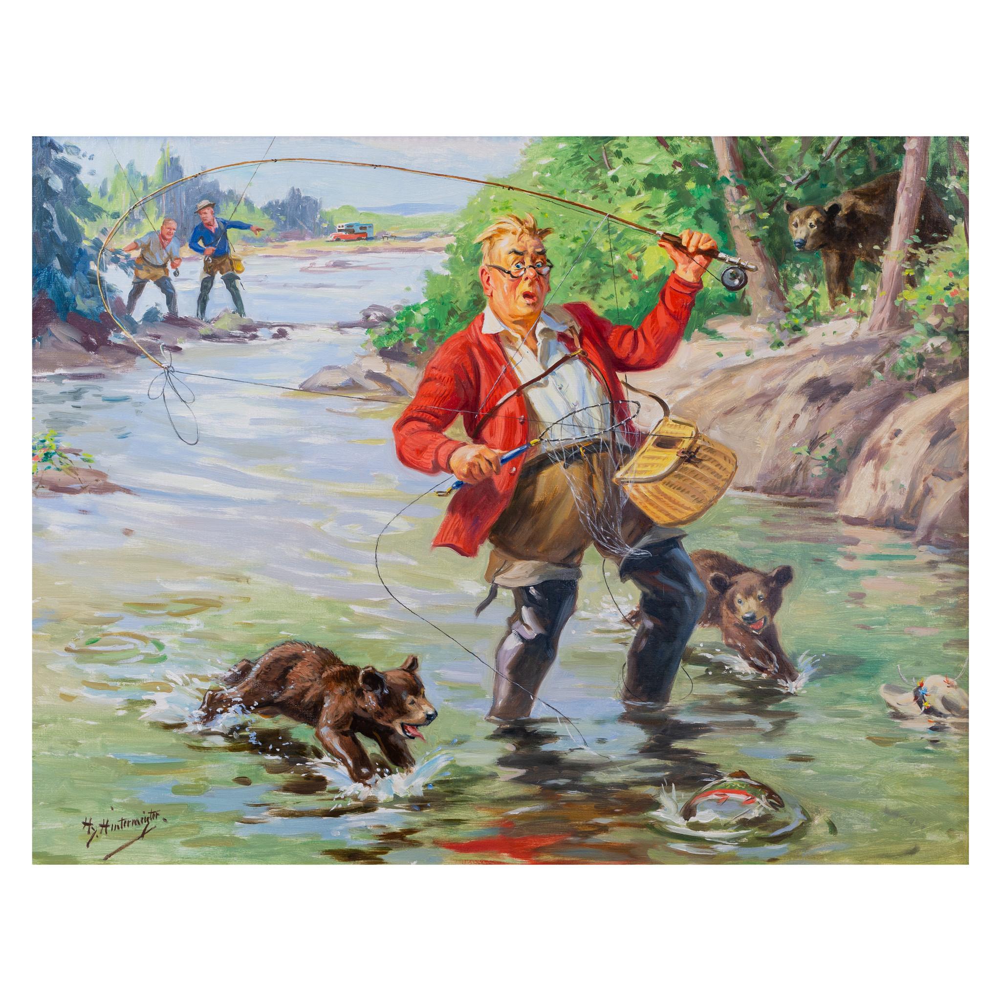 Oil on canvas by Hy Hintermeister 1897-1972. From the archives of the Shaw Barton Calendar company. Used for early calendar print. Part of the humorous fishing series he started. 27”x 22”. Well framed.

Henry Hintermeister was born in 1897 in New