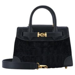 Winnie Handbag Mini Black Diamond Stamped Crushed Velvet e Jet Black Leather