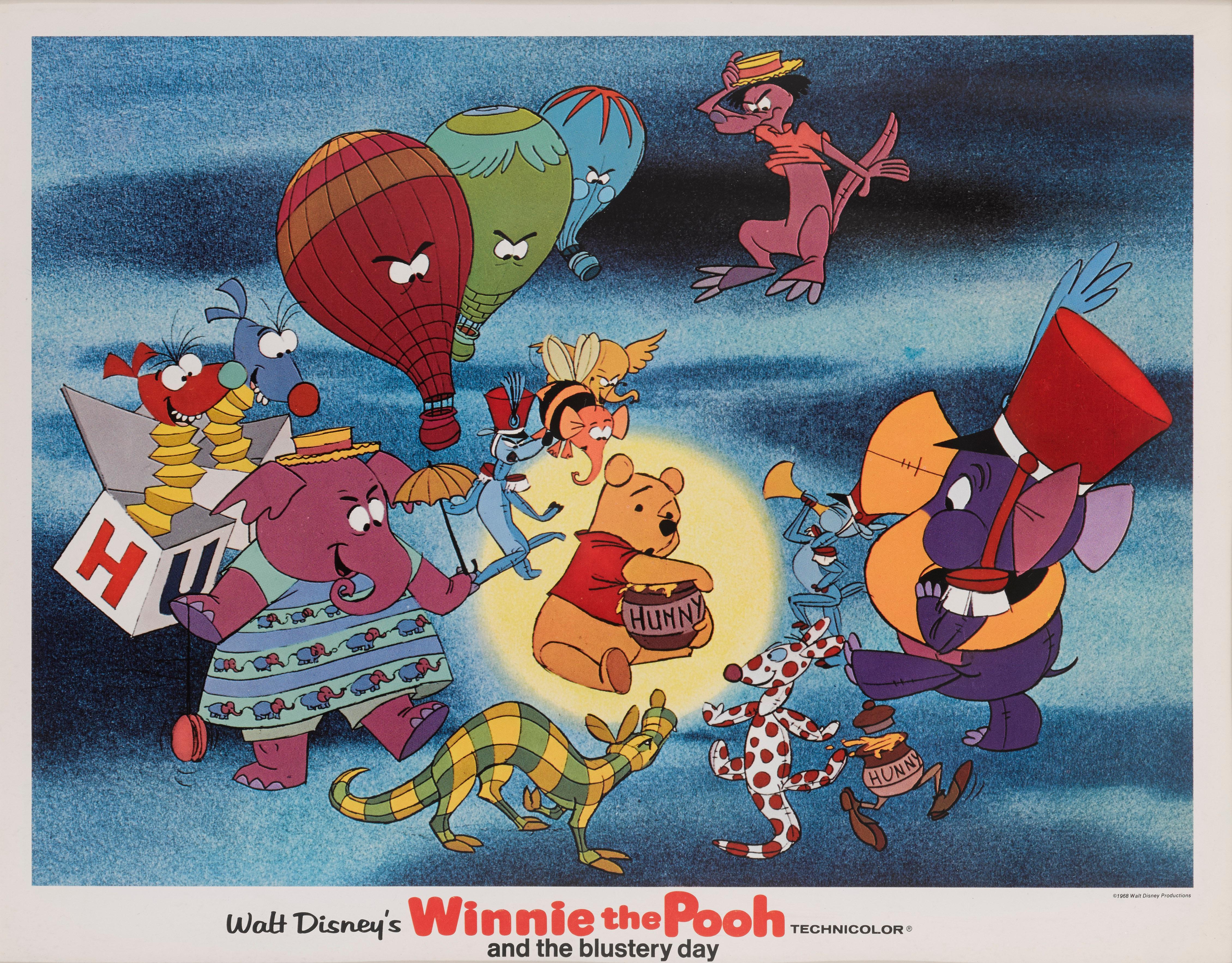 Original US lobby card for Walt Disney's animation Winnie the Pooh and the Blustery Day 1968.
This piece would have been used to advertise the film inside the cinema foyer. 
This film was directed by Wolfgang Reitherman and Ben Sharpsteen.
This