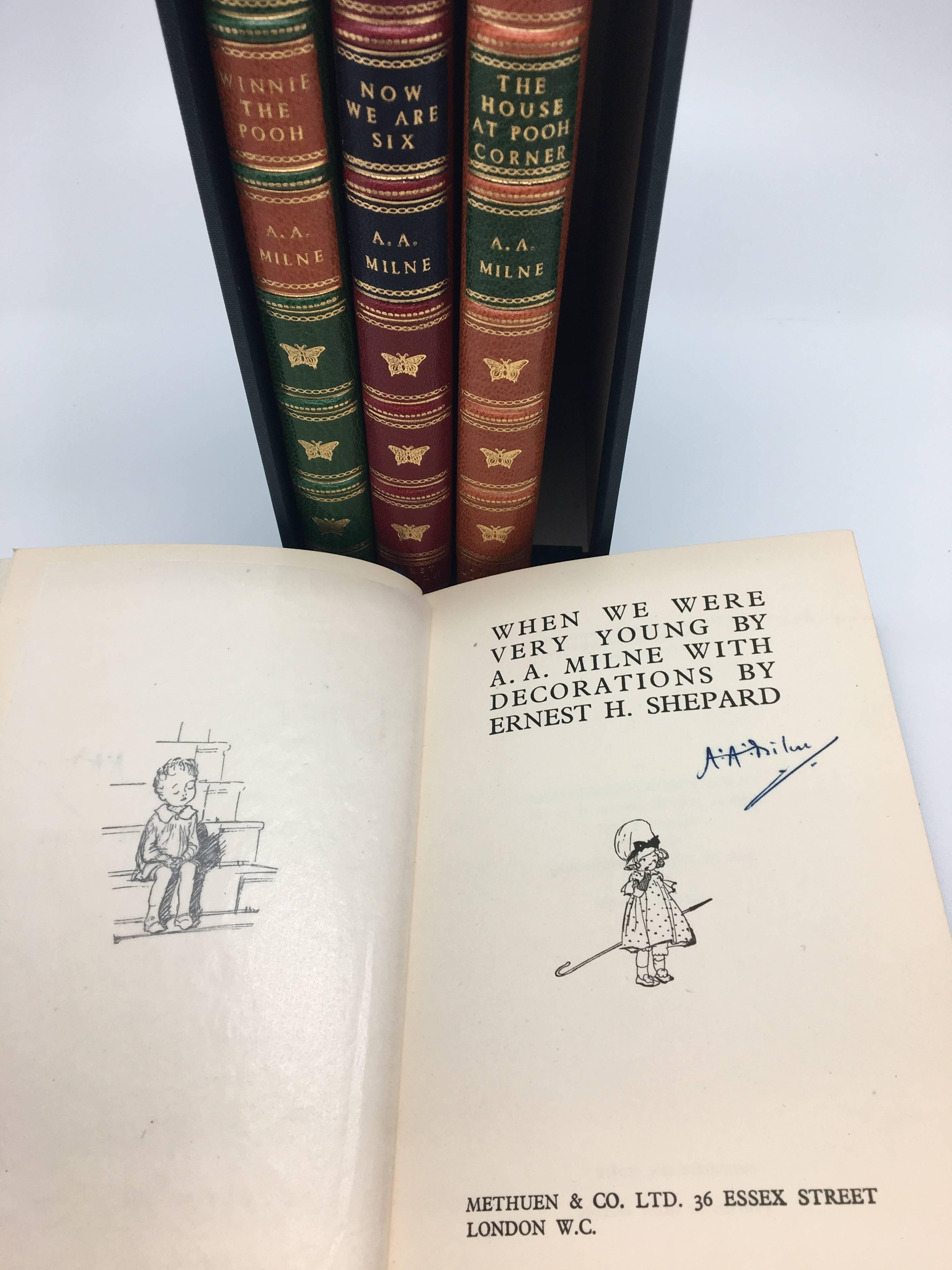 This is a complete leather bound set of A. A. Milne's Classic children's books based on the adventures of Christopher Robin and Winnie the Pooh. 

These four volumes are illustrated throughout by Ernest H. Shepard and are bound in beautiful full