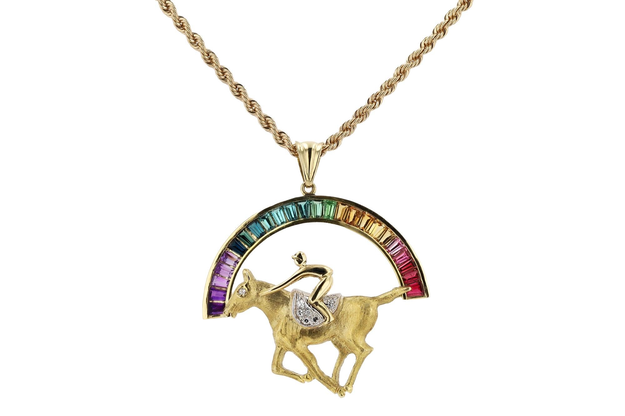 Artisan Winning Colors Kentucky Derby Thoroughbred Race Horse Jockey 18K Gold Necklace  For Sale