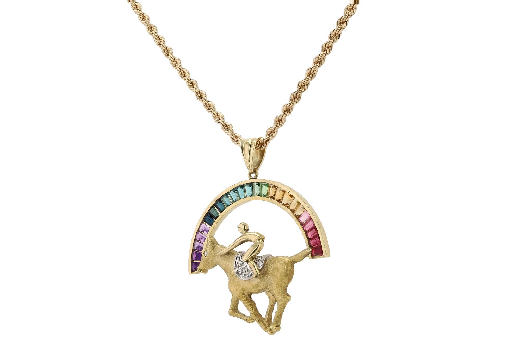 Baguette Cut Winning Colors Kentucky Derby Thoroughbred Race Horse Jockey 18K Gold Necklace  For Sale