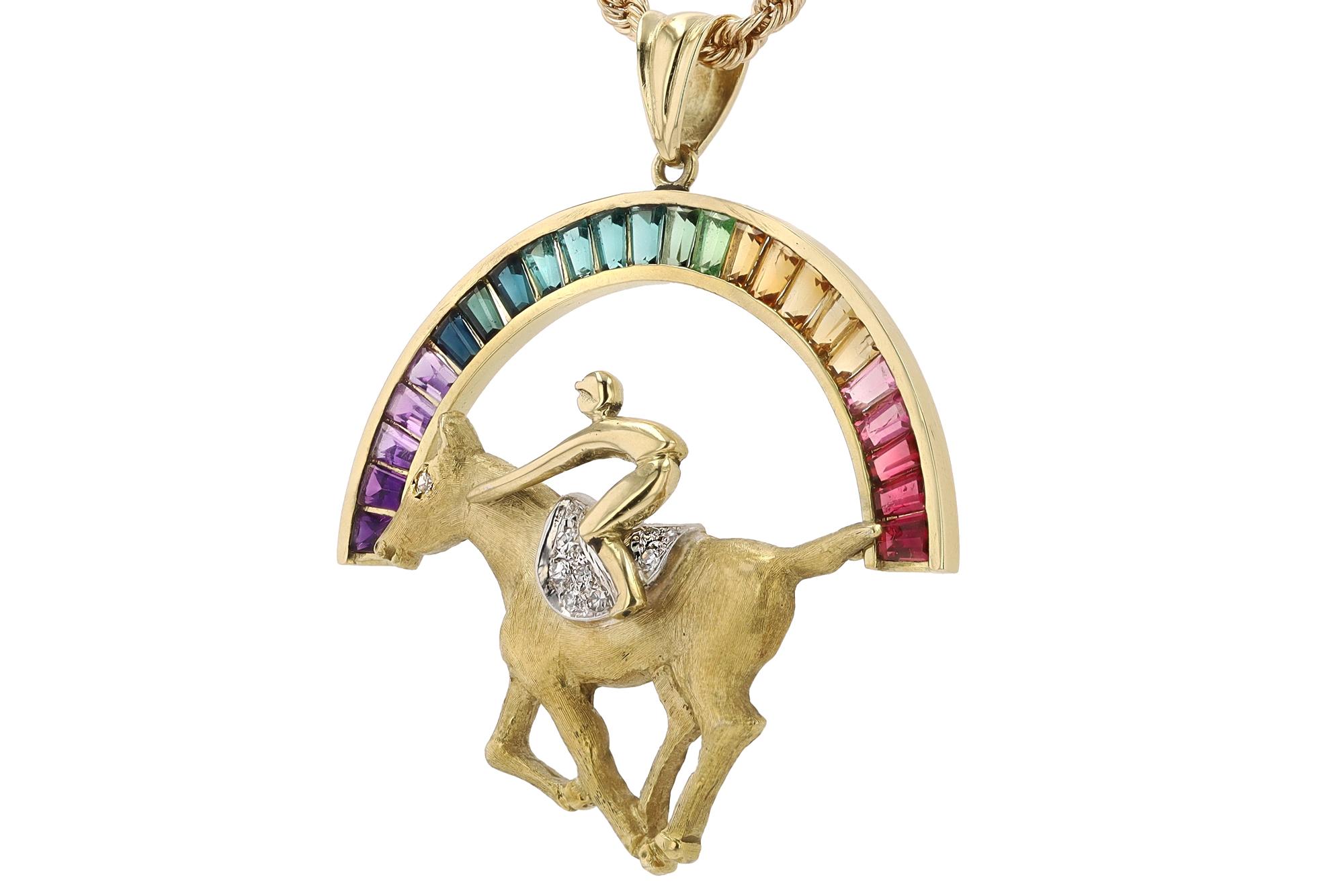 Winning Colors Kentucky Derby Vollblut gefiedertes Rennpferd Jockey 18K Gold Halskette  im Zustand „Gut“ im Angebot in Santa Barbara, CA