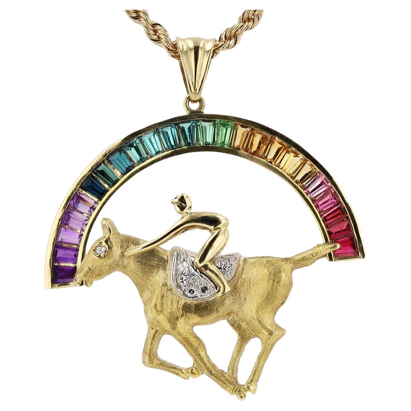 Winning Colors Kentucky Derby Vollblut gefiedertes Rennpferd Jockey 18K Gold Halskette  im Angebot