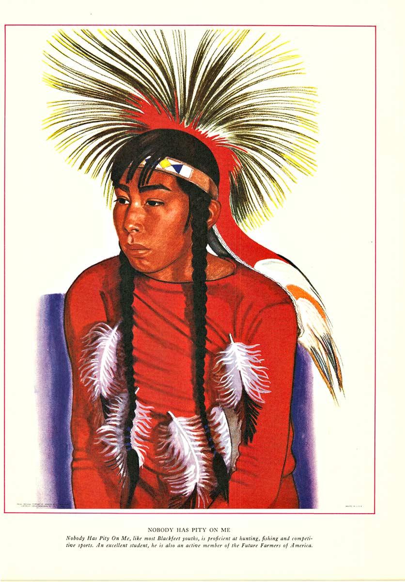 Conjunto de 14 grabados de los indios Pies Negros creados por el artista Winold Reiss.   La Great Northern Railway imprimió y puso a la venta estos grabados en c.  1940.    Esto es para todo el grupo de grabados de los Pies Negros, para que puedan