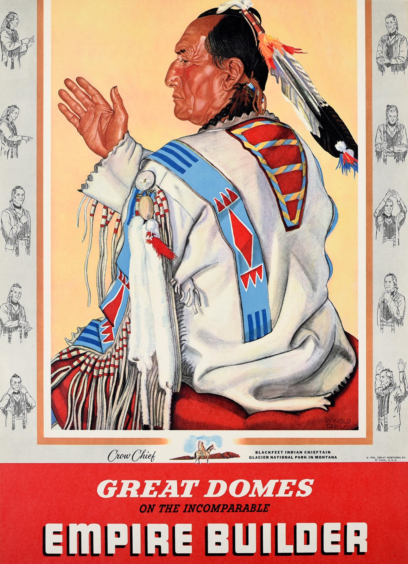 Winold Reiss Print - Original Vintage Poster Empire Builder Train Crow Chief Blackfeet Indian Montana