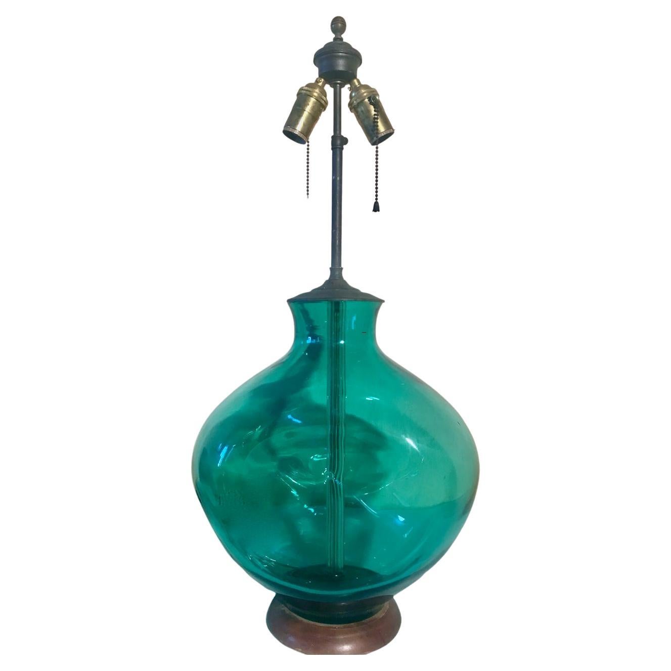 Winslow Anderson for Blenko "Pinched" Turquoise Art Glass Table Lamp, 1950s  For Sale