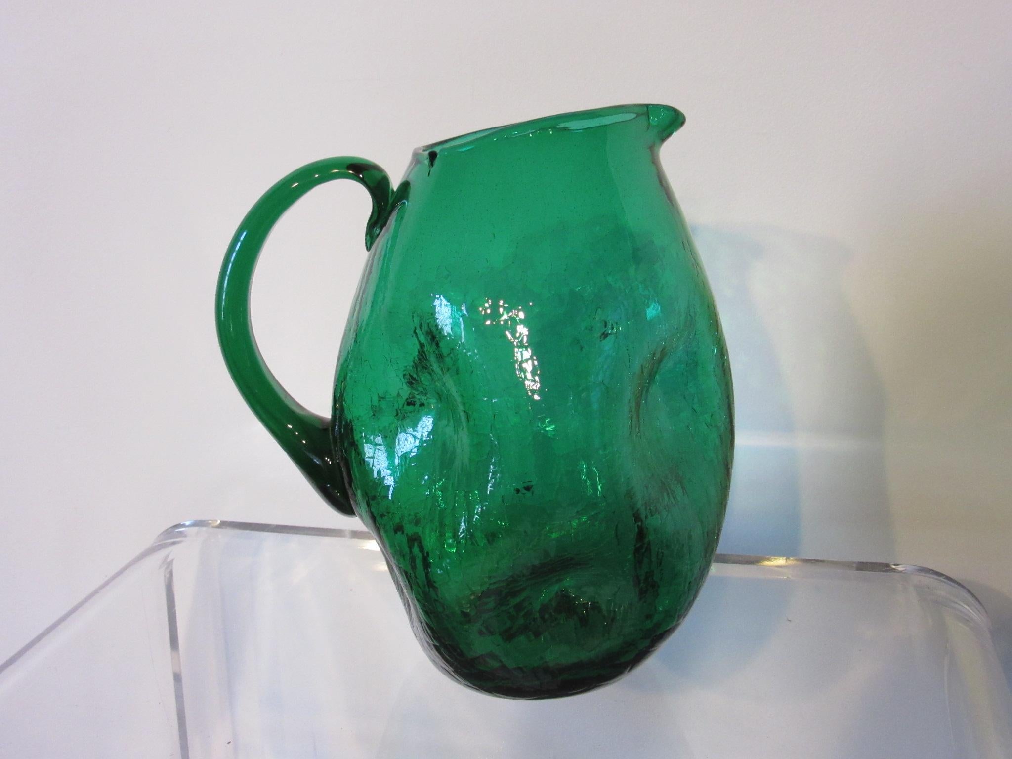 Mid-Century Modern Winslow Anderson Green Crackle Glass Pitcher by Blenko  