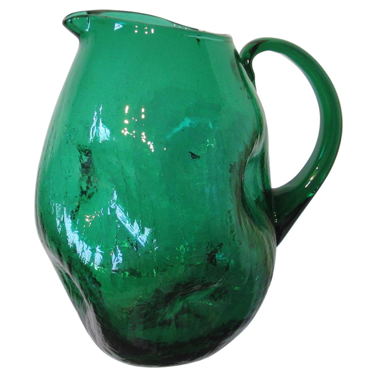 Winslow Anderson Green Crackle Glass Pitcher by Blenko  