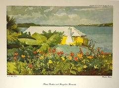 WINSLOW HOMER Impresión litográfica de arte americano, Jardín de flores y bungalow Bermudas