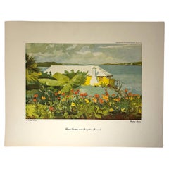 WINSLOW HOMER, lithographie d'art américain, jardin de fleurs et Bungalow Bermuda
