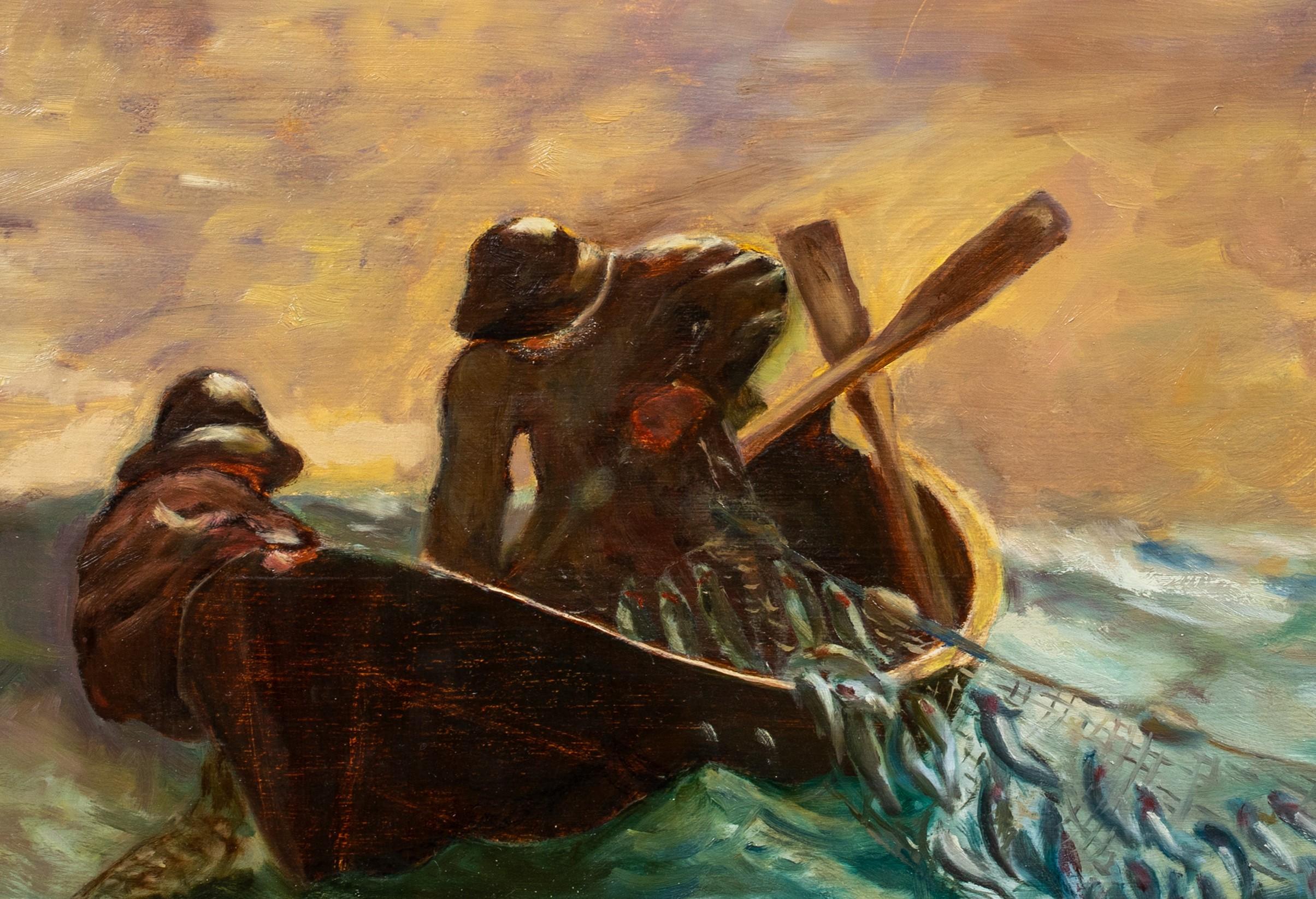 The Herring Net, circa 1900

Winslow Homer (1836-1910) interest

Circa 1900 American School scene of fisherman bringing in the herring net, oil on panel. Excellent quality and condition version of Homer's larger work that depicts two anonymous