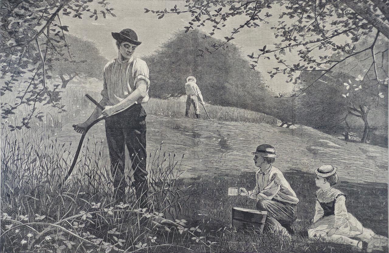 Gravure sur bois du 19ème siècle de Winslow Homer intitulée « Making Hay » (Fabriqué la faïence). en vente 1
