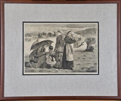 Gravure sur bois originale du 19e siècle encadrée de Winslow Homer "On the Beach" (Sur la plage)