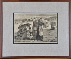 Winslow Homer Enmarcado Grabado original en madera del siglo XIX "En la playa"