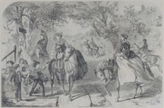 Gravure sur bois du 19e siècle scène figurative d'arbres de la forêt américaine