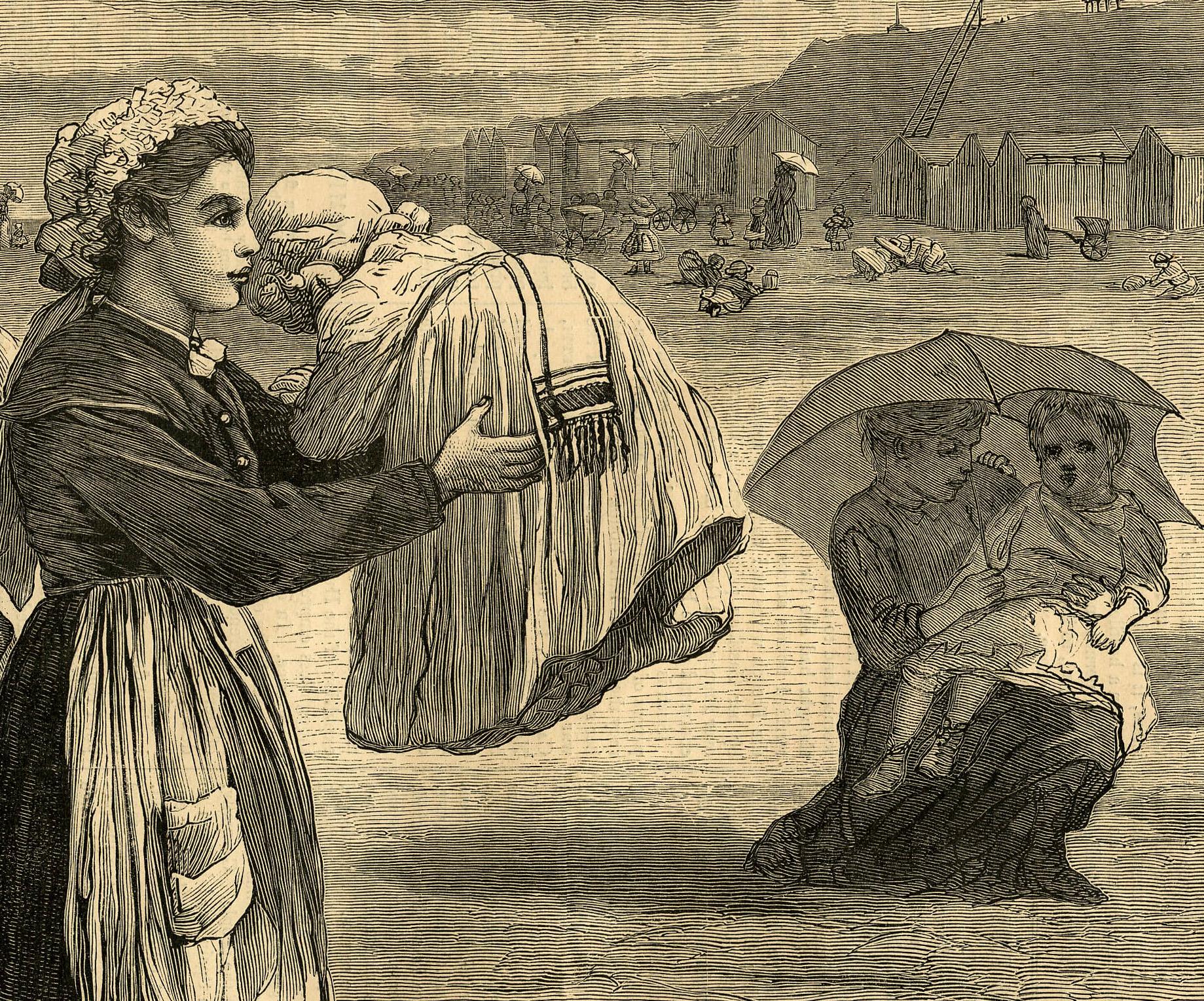On the Beach at Long Branch - The Children's Hour - Brown Figurative Print by Winslow Homer