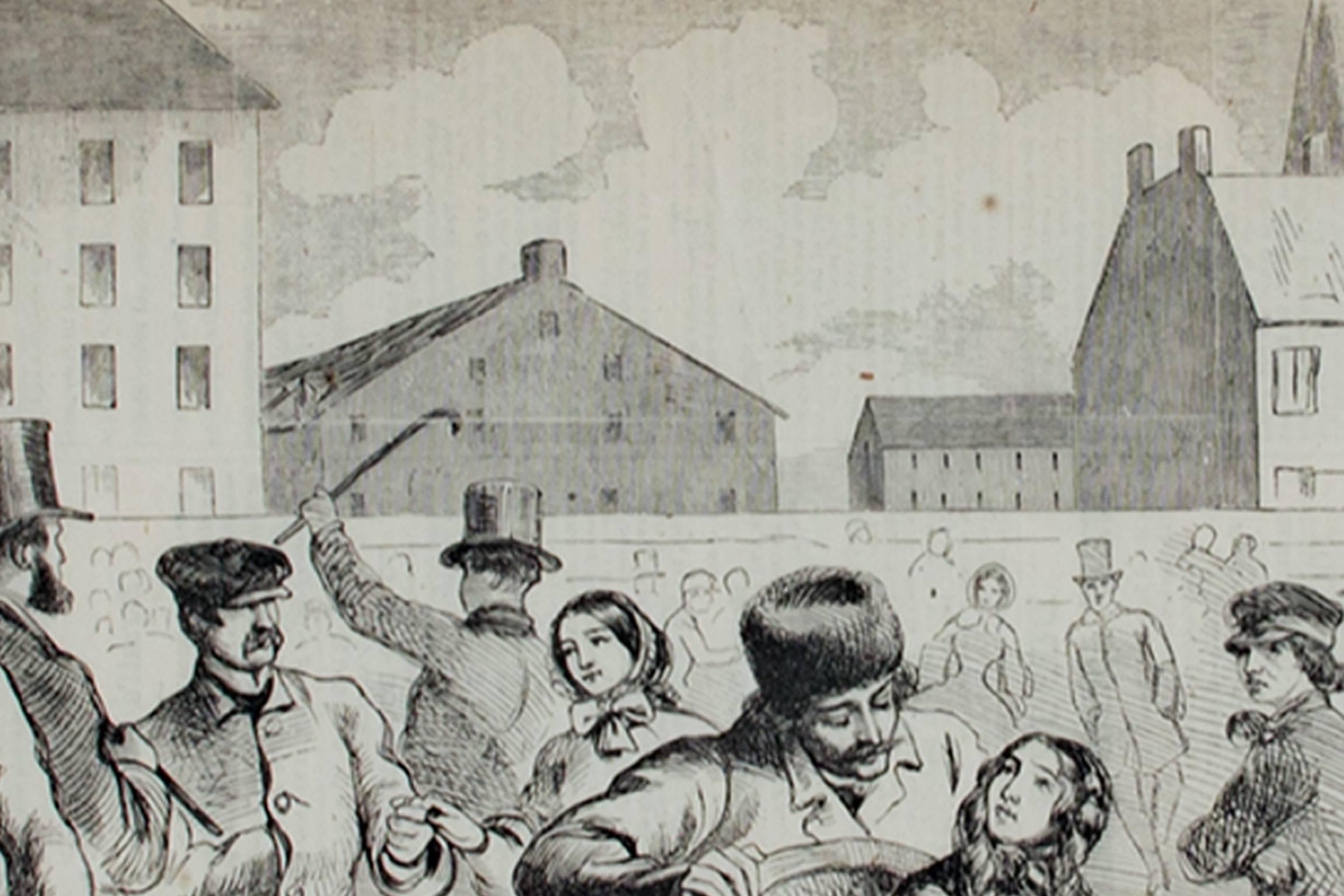 19th century woodcut print figurative Victorian American urban city scene – Print von Winslow Homer