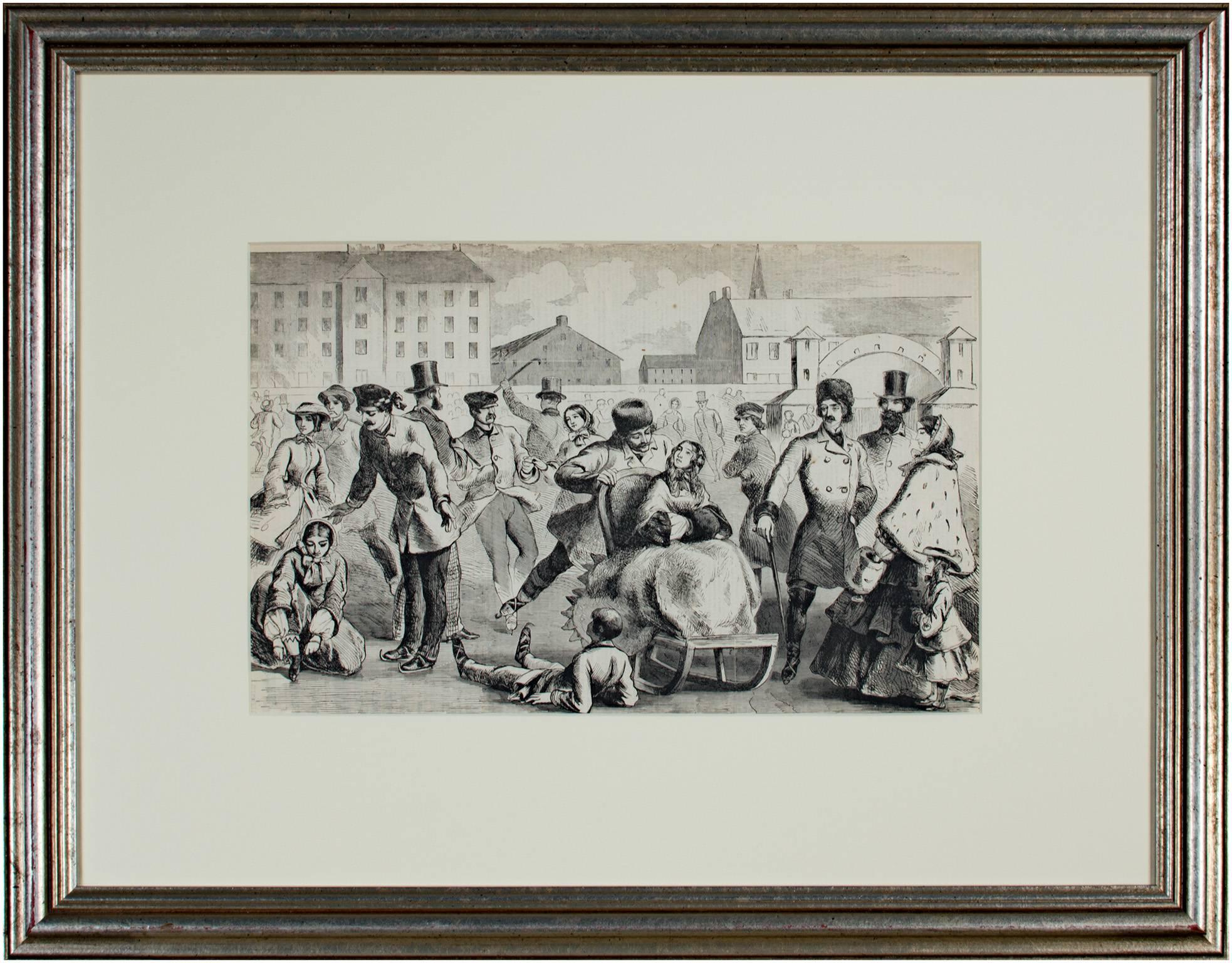 19th century woodcut print figurative Victorian American urban city scene im Angebot 1