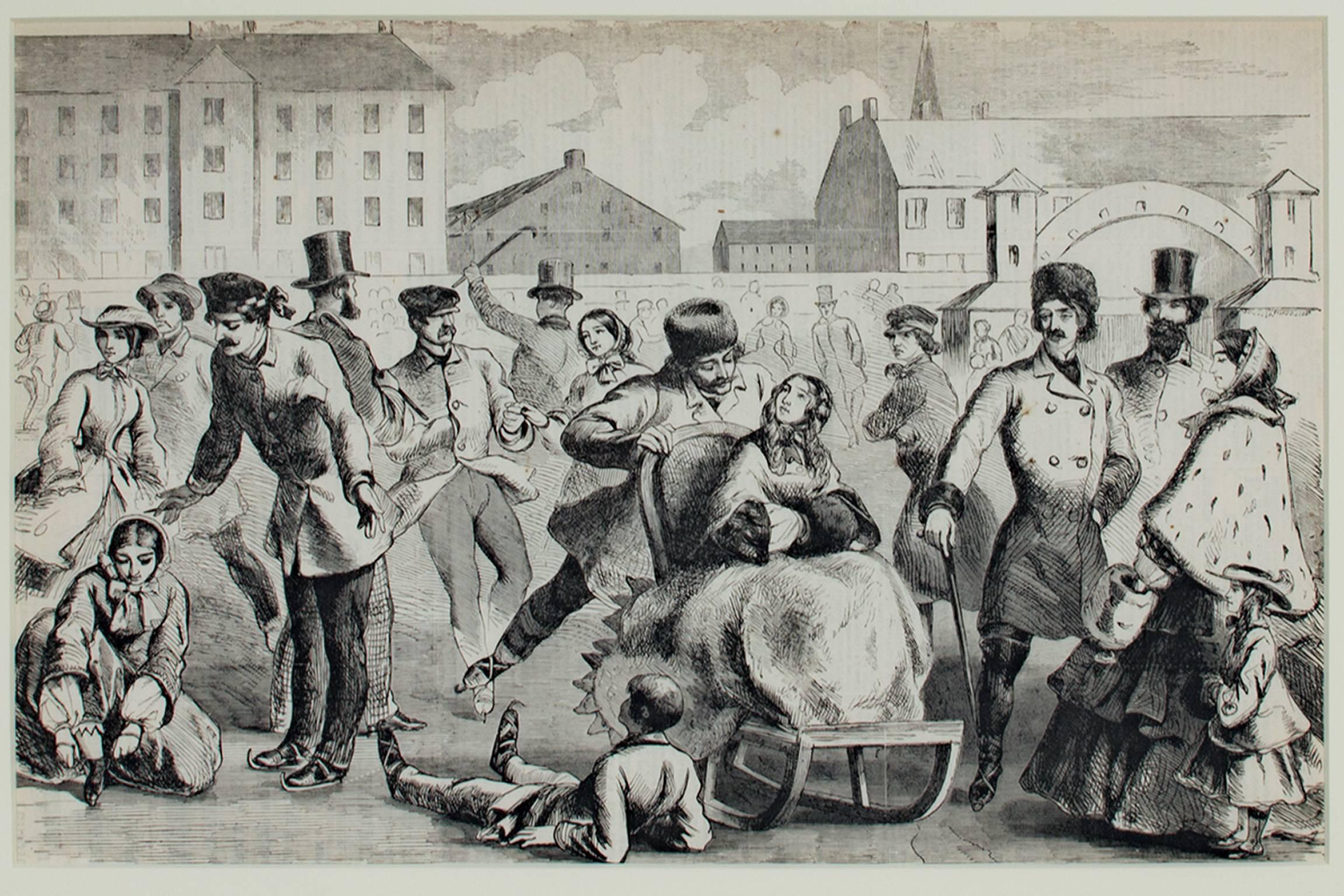 19th century woodcut print figurative Victorian American urban city scene