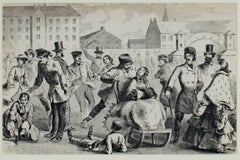 19th century woodcut print figurative Victorian American urban city scene 