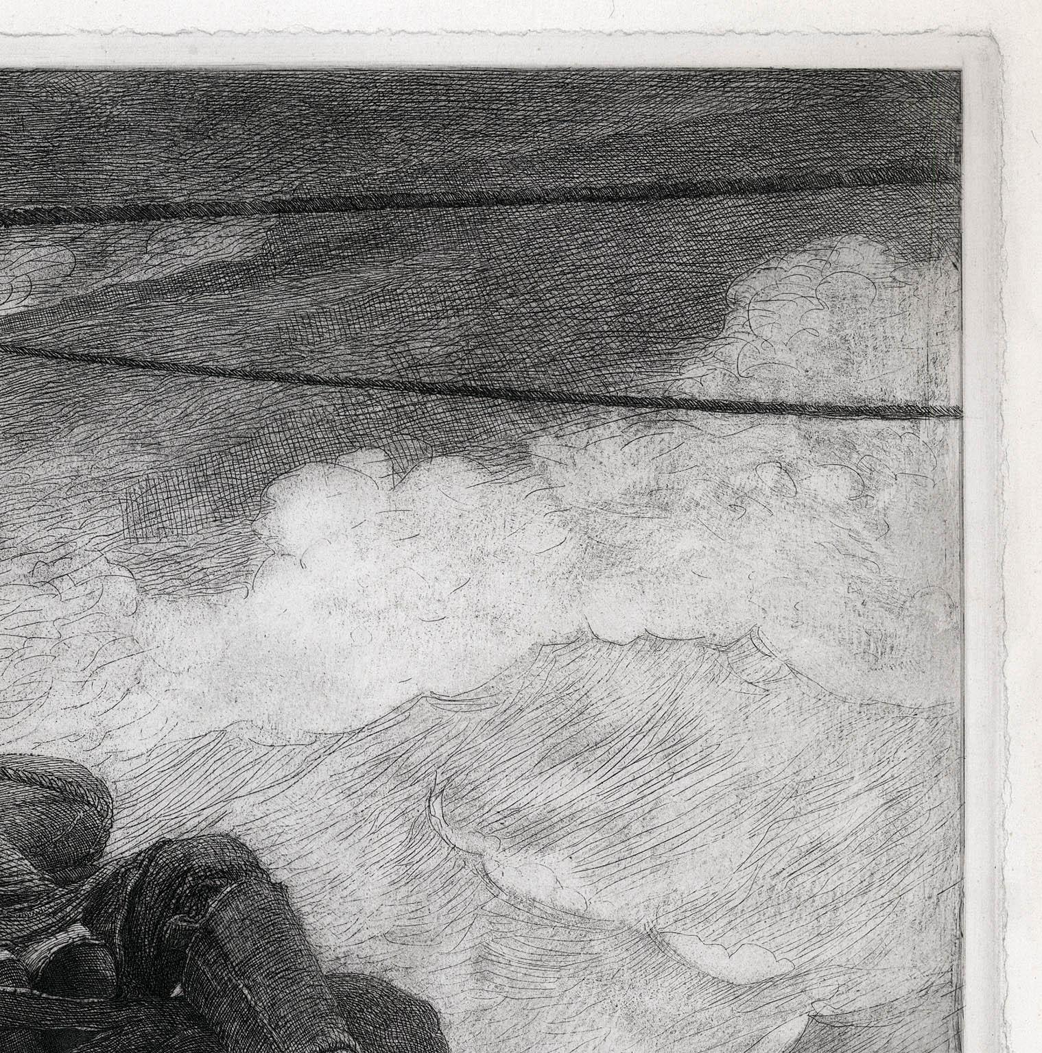 Winslow Homer created the etching entitled “THE LIFE LINE” in 1884.  This is an unsigned impression published in 1887 by “C. Klackner, 17 East 17th St., New York.”  There is an etched Remarque in the lower right of an anchor between two dials. 