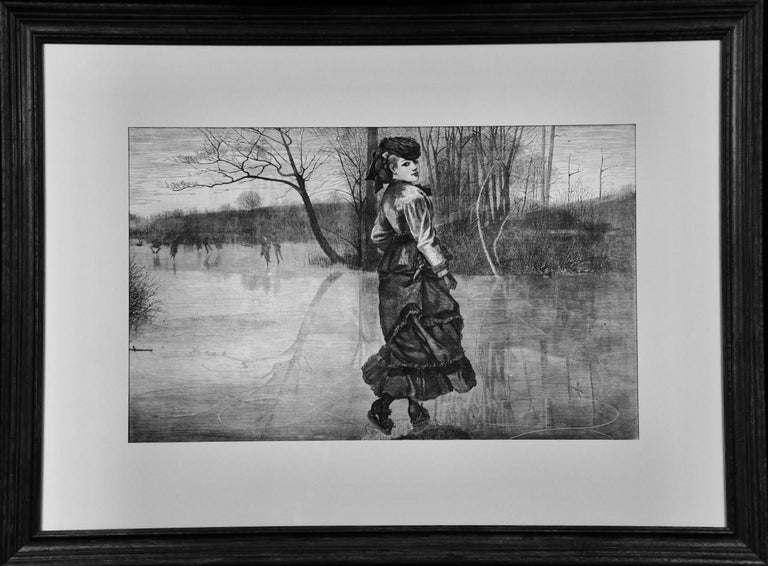 This framed Winslow Homer woodcut engraving entitled "Skating on the Ladies' Skating-Pond in Central Park, New York", was published in Every Saturday magazine in the February 24, 1871 edition. It depicts an attractive, stylish, well-dressed young