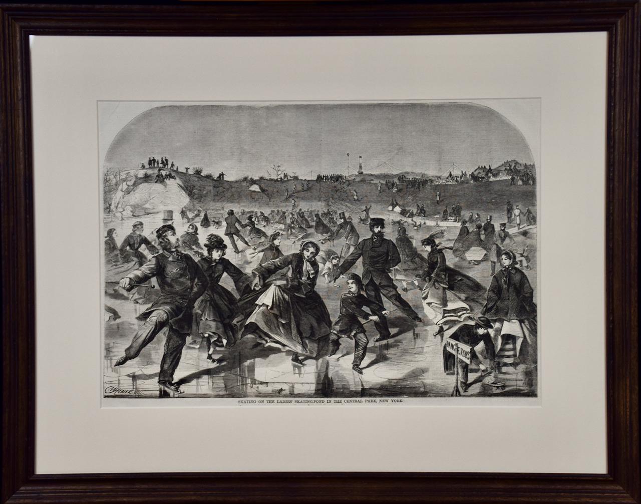 "Skating on Ladies' Pond Central Park": Winslow Homer 19th C. Woodcut Engraving 