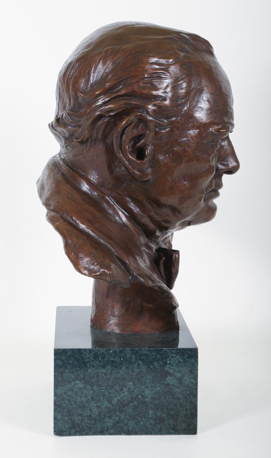 An exquisitely modeled and finely cast bronze bust of Winston Churchill by the accomplished American sculptor, Earline Heath King (1913-2011).  Mounted on marble pedestal and measuring 18 1/2 inches in total height.  Signed Heath King on reverse and