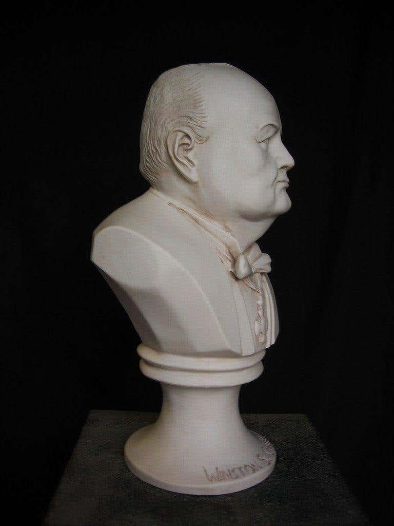A superb Winston Churchill marble bust, 20th century.
Winston Leonard Spencer Churchill, a bust, 1864-1965.

An exact likeness is captured in this portrait of Sir Winston Churchill.

Deep crisp detail throughout, with his name engraved on the