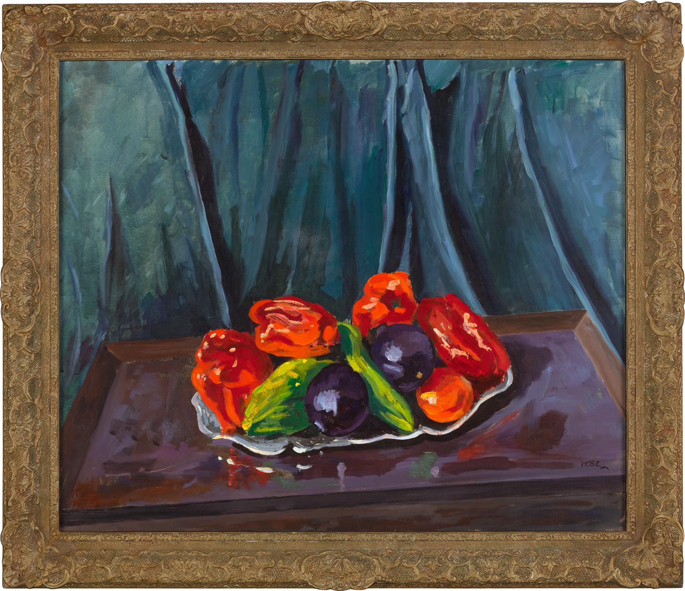 Still Life with Aubergines and Red Peppers on a Silver Tray by Winston Churchill For Sale 1