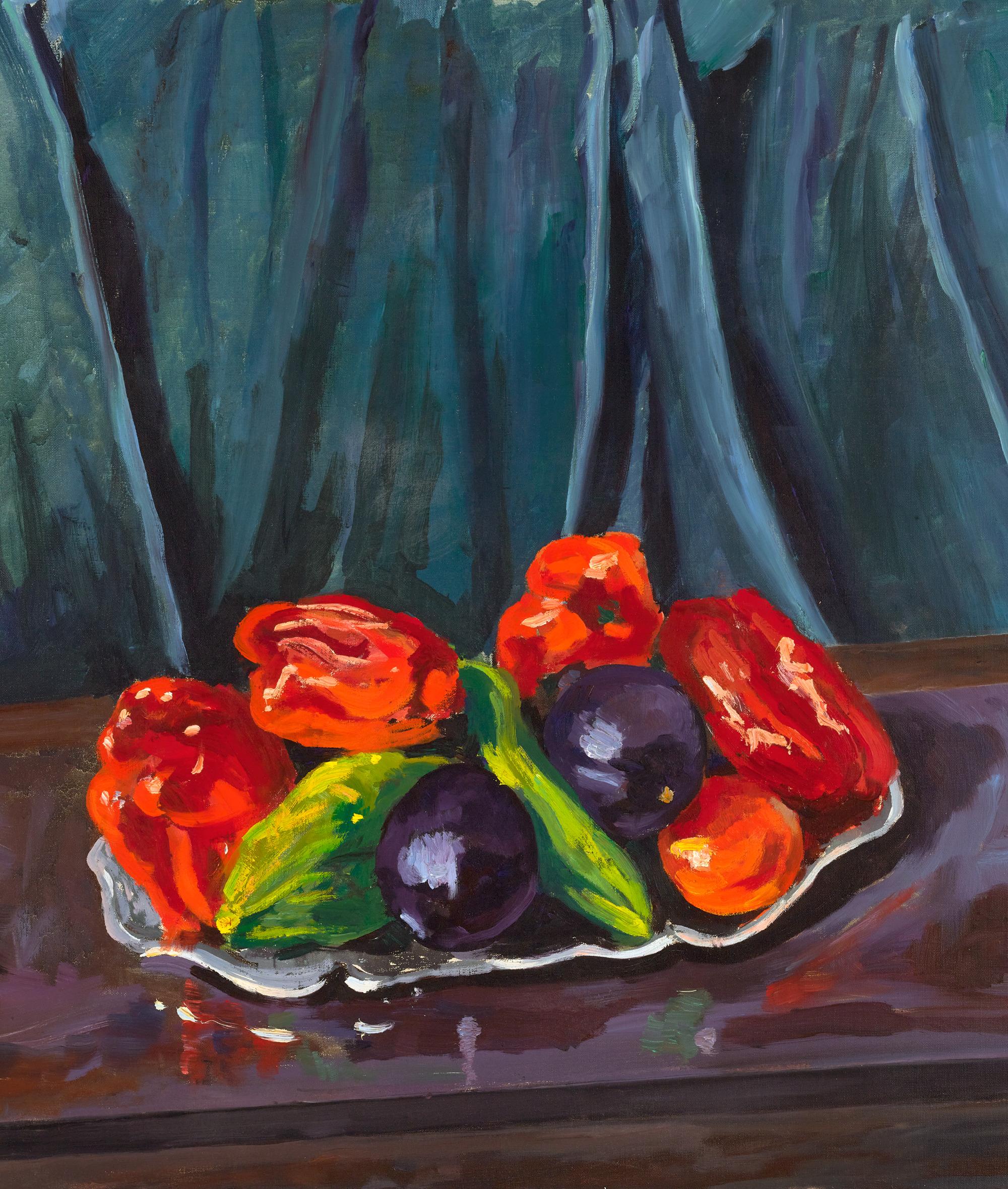 Still Life with Aubergines and Red Peppers on a Silver Tray by Winston Churchill For Sale 2
