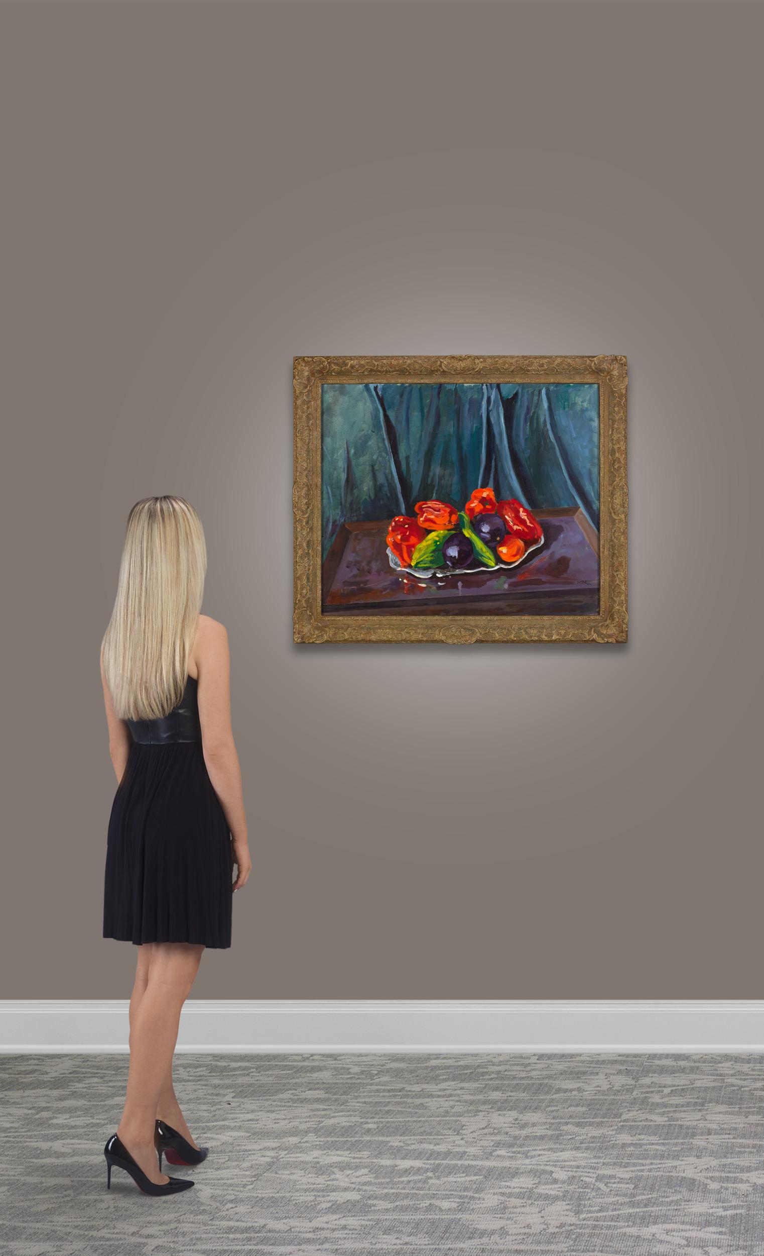 Still Life with Aubergines and Red Peppers on a Silver Tray by Winston Churchill For Sale 4