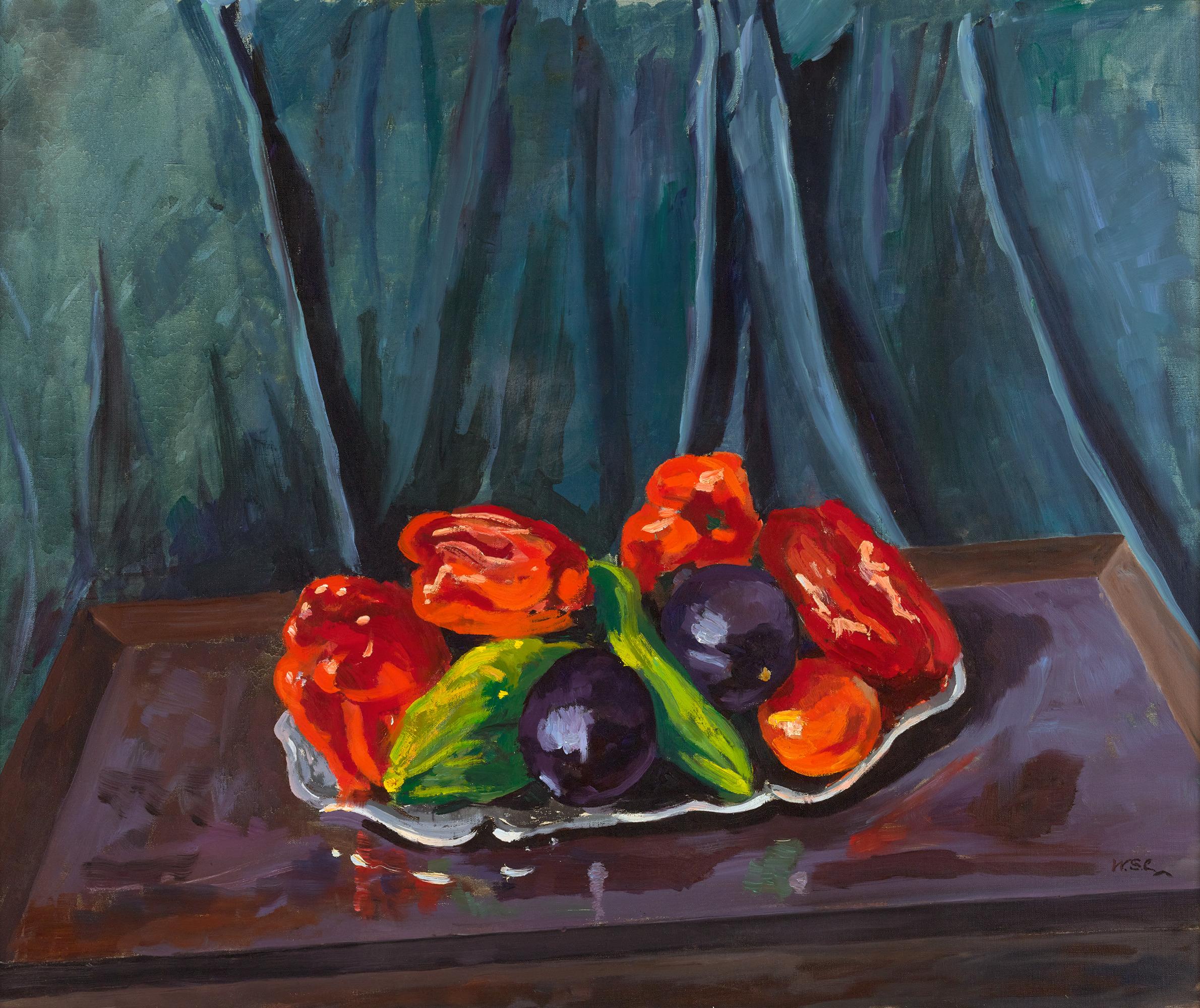 Sir Winston Churchill
1874-1965  British

Still Life with Aubergines and Red Peppers on a Silver Tray

Signed "WSC" (lower right)
Oil on canvas

Widely considered the greatest Briton of all time, Sir Winston Churchill also pursued the art of