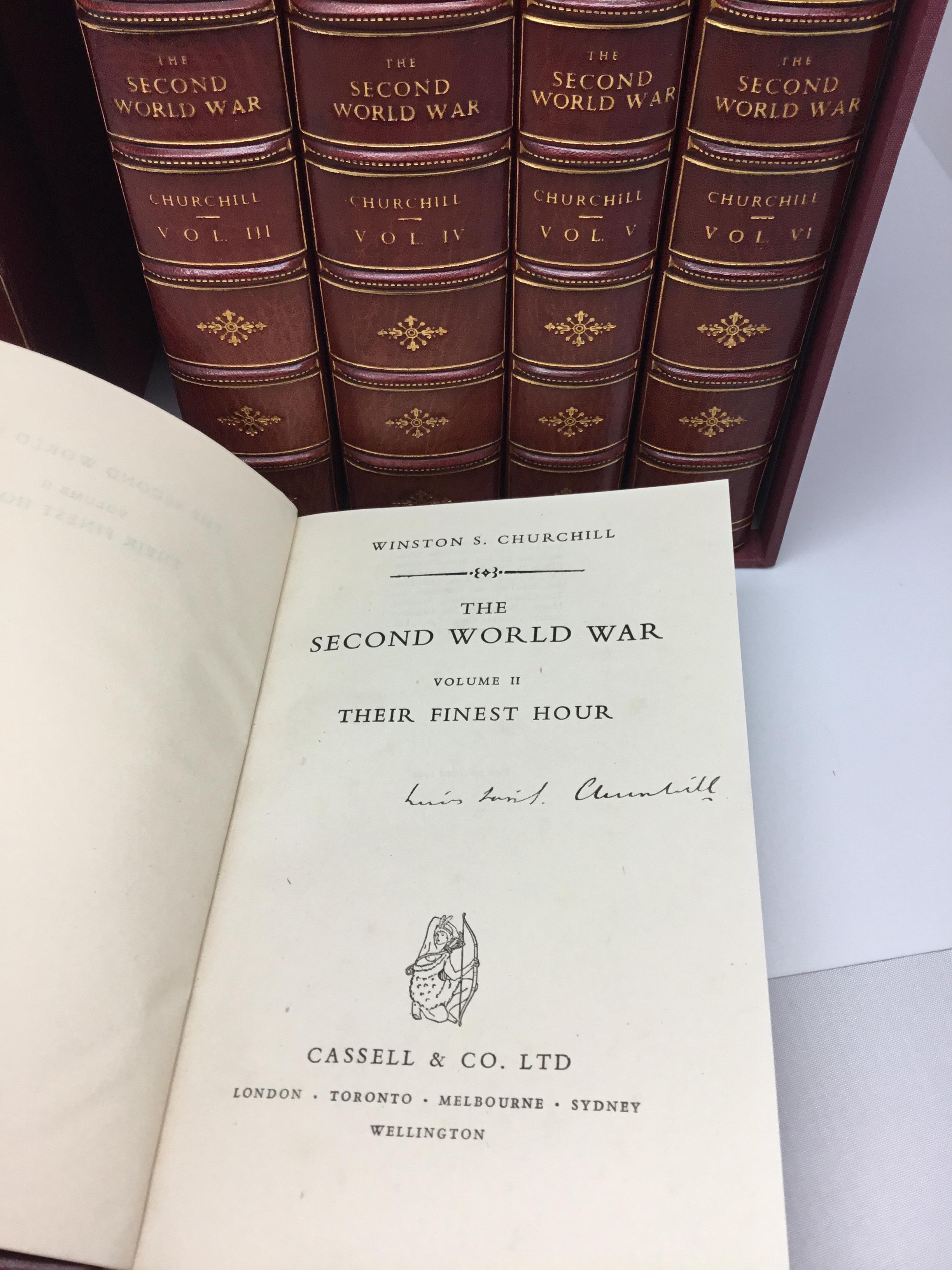 This is a first edition, set of six volumes, of Winston S. Churchill's definitive history of the Second World War. Published and finely bound between 1948 and 1954 -- all true British first editions. 

“The Second World War” is a definitive