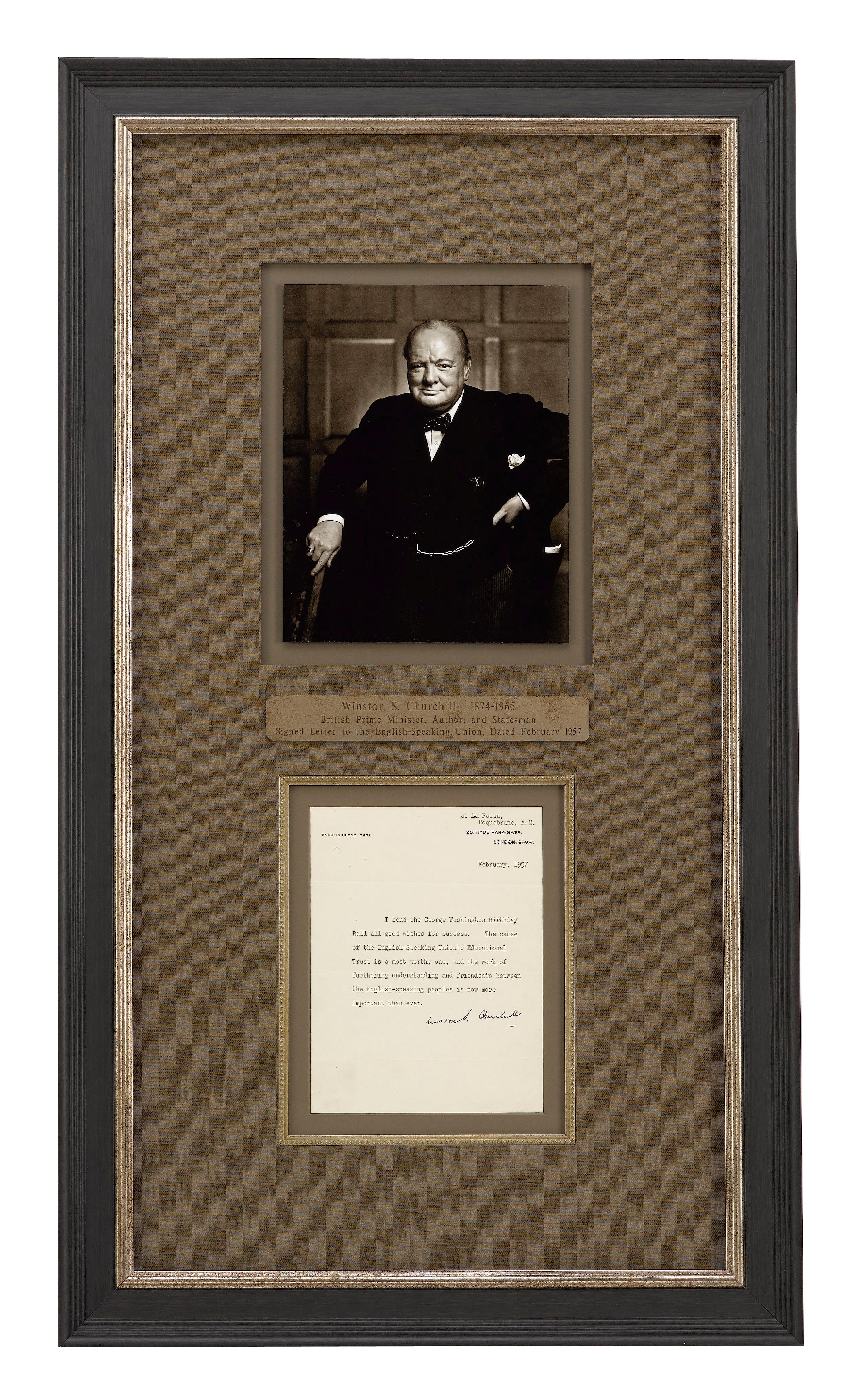 Papier Lettre dactylographiée signée de Winston Churchill, à l'Union de langue anglaise, fév. 1957 en vente