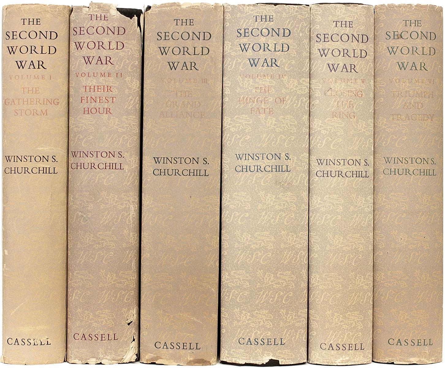 Author: Churchill, Winston

Title: The Second World War.

Publisher: London: Cassell & Co., Ltd., 1948-54.

Description: All First Editions with the DJ's. 6 volumes, publisher's original gilt stamped black cloth, illustrated, fold-out