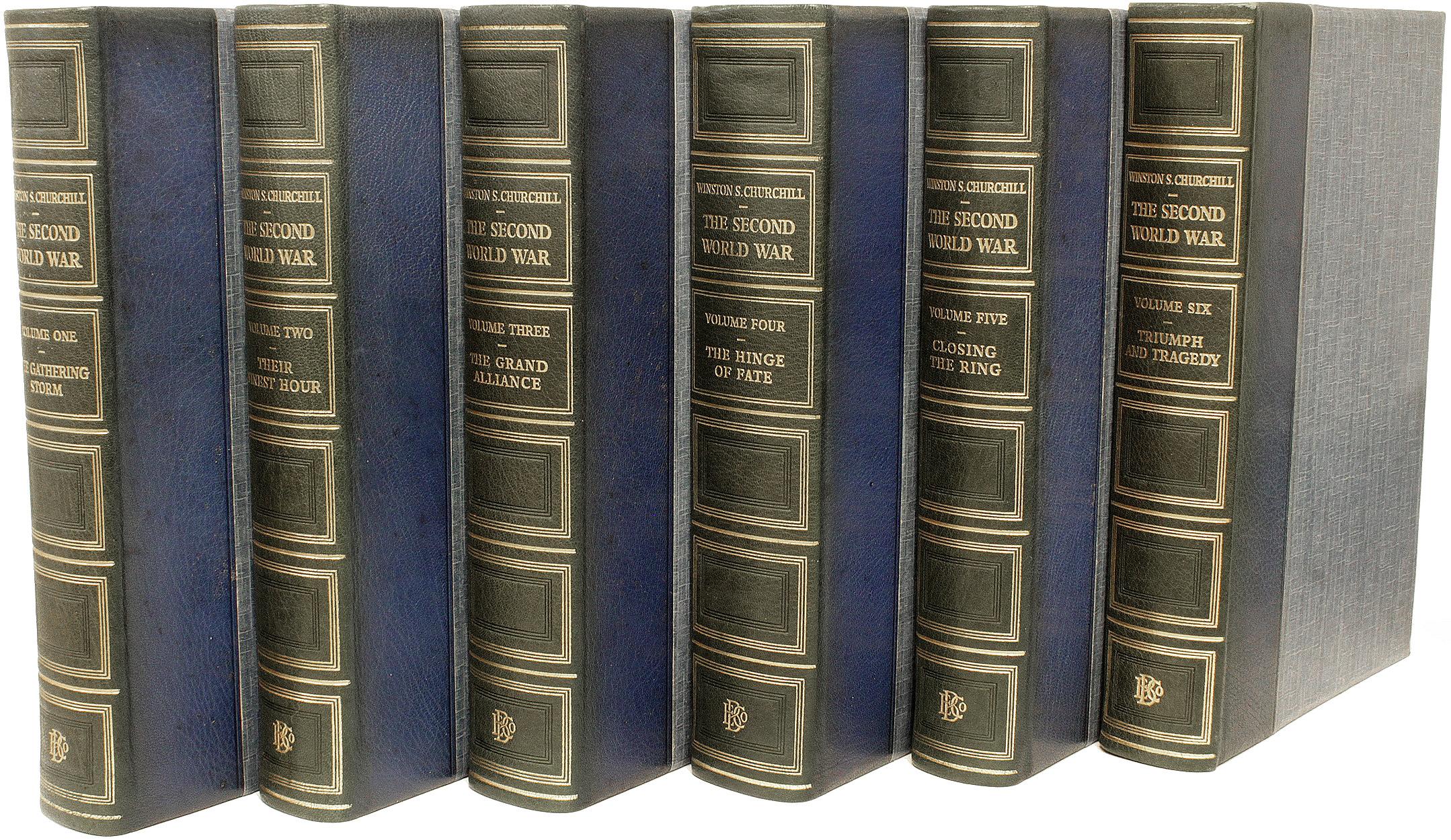 AUTHOR: CHURCHILL, Winston. 

TITLE: The Second World War. (The Gathering Storm - Their Finest Hour - The Grand Alliance - The Hinge Of Fate - Closing The Ring - Triumph and Tragedy).

PUBLISHER: London: The Educational Book Company Ltd,
