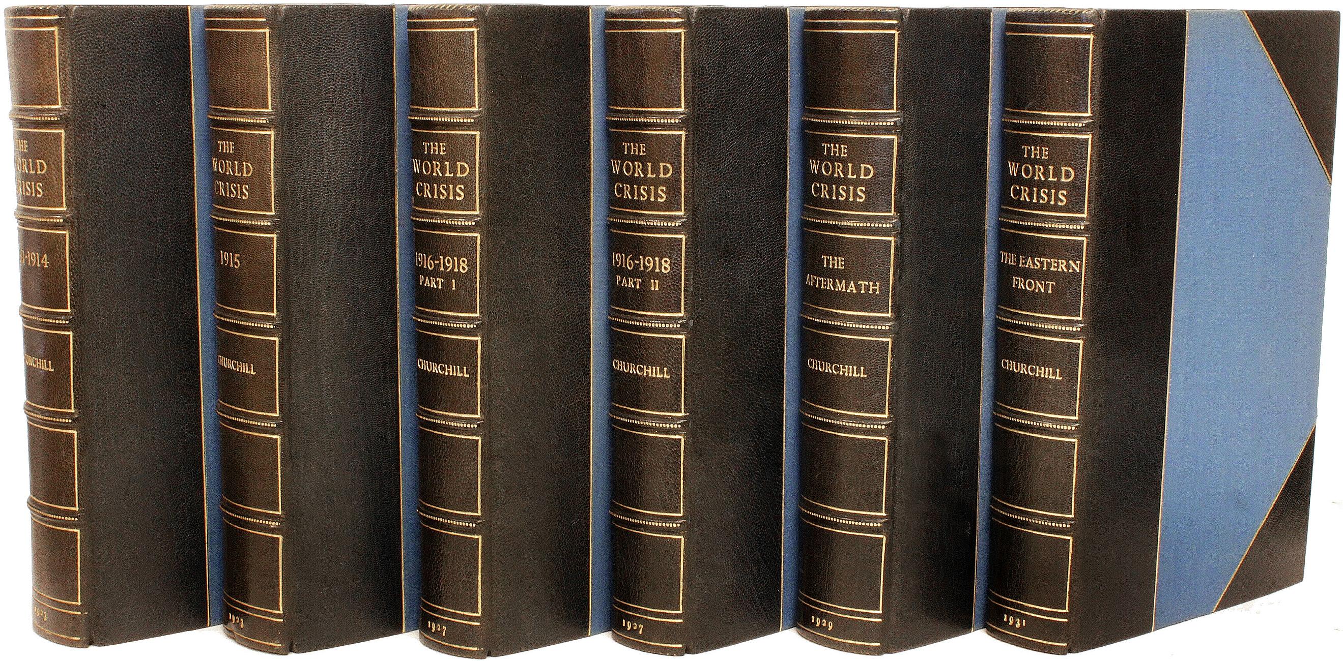 AUTHOR: CHURCHILL, Winston. 

TITLE: The World Crisis. 1911-1918 / The Aftermath / The Eastern Front.

PUBLISHER: London: Thornton Butterworth, Ltd., 1923-1931.

DESCRIPTION: ALL FIRST EDITIONS. 6 vols., 9-1/8