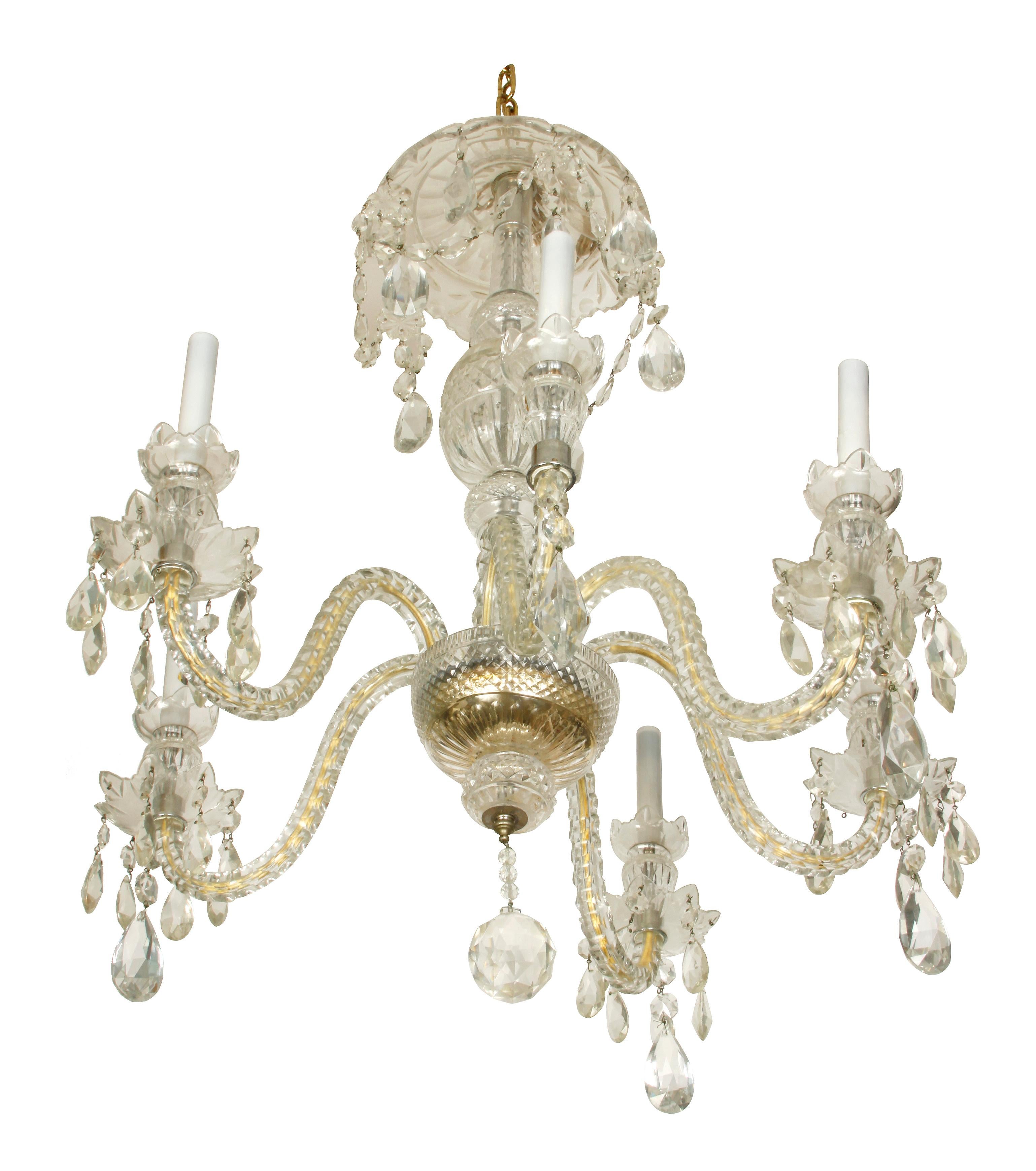 Winston crystal chandelier, circa 1940s, cut glass bead rope and tear drop prisms.