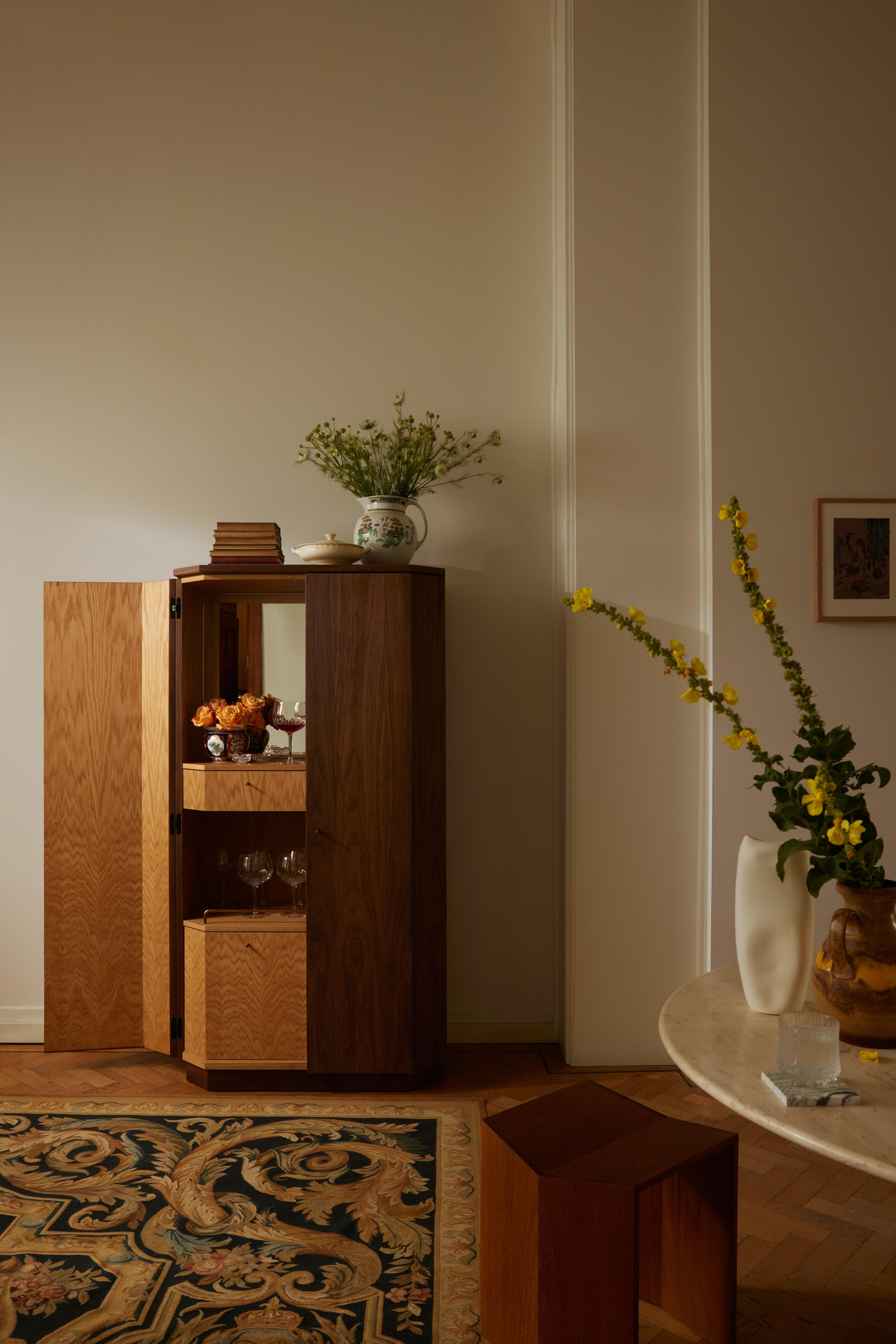 Minimalist Winston Drinks Cabinet in walnut and oak designed by Kevin Frankental For Sale