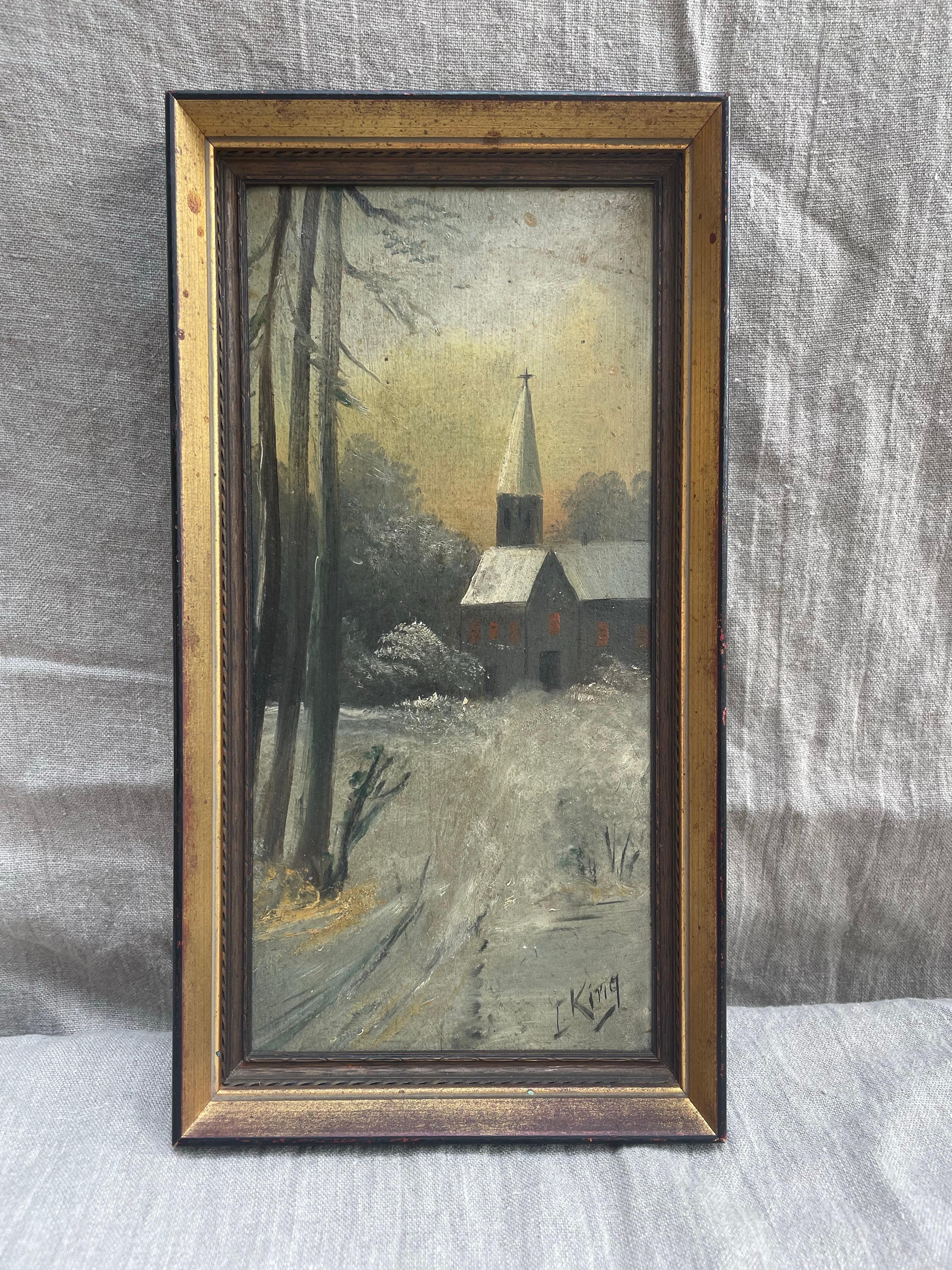 20ième siècle Scène d'église hivernale par L. A., milieu du 20e siècle en vente