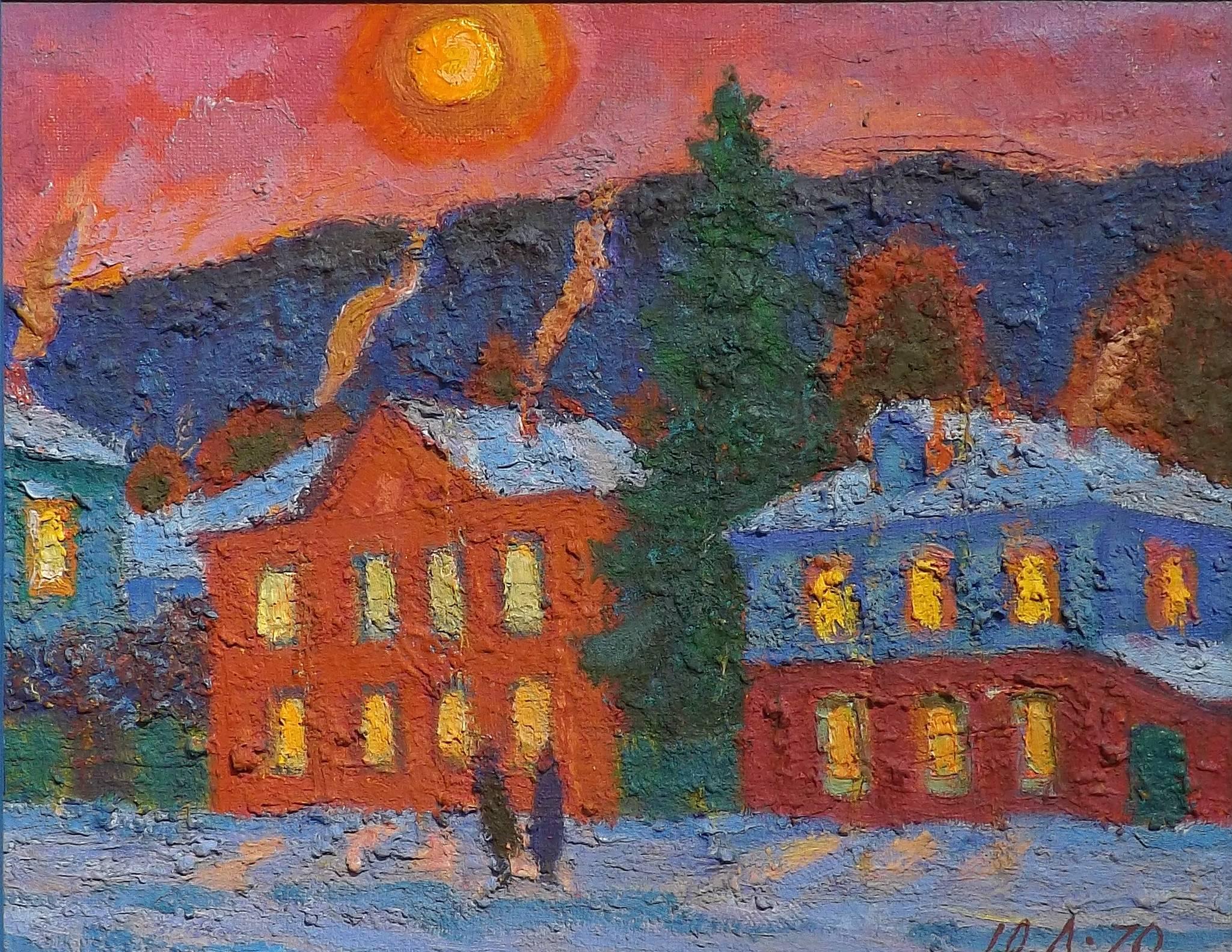 A bright and colorful painting of a snowy village below a bright setting sun, with the smoke from chimneys rise up towards it. A tall pine tree also rises up, painted in the thick heavy paint known to artists from the Russian Vladimir School. Two