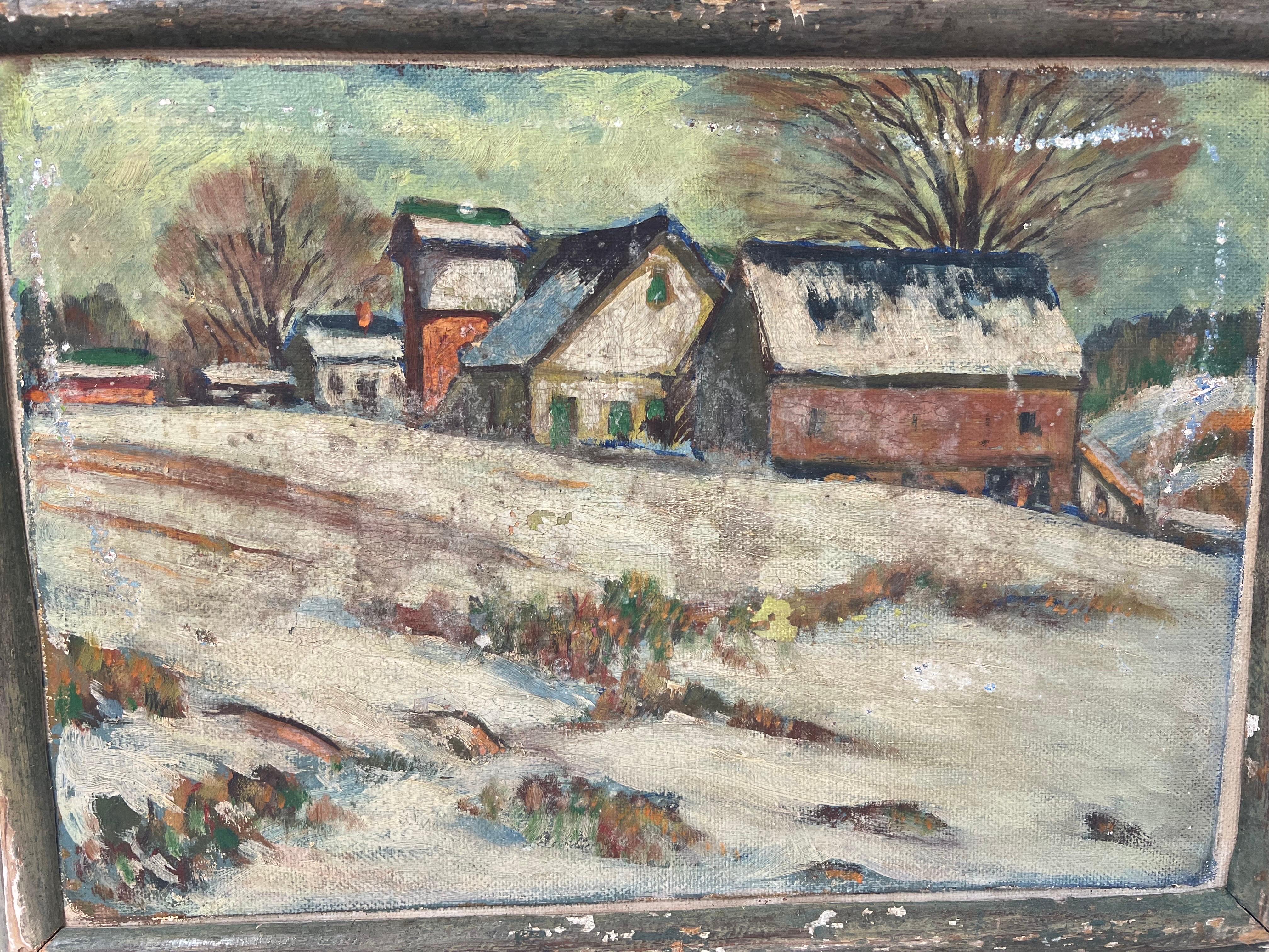 Pittura Scena di campagna invernale su tavola in vendita