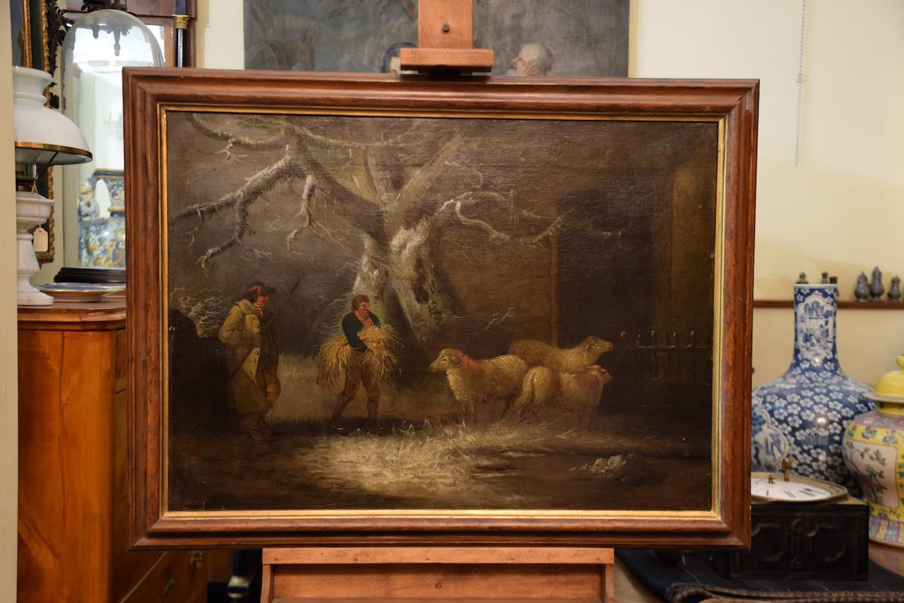 Winter Farmyard, 18th Century Oil on Canvas, Figures in Snow Landscape For Sale 8