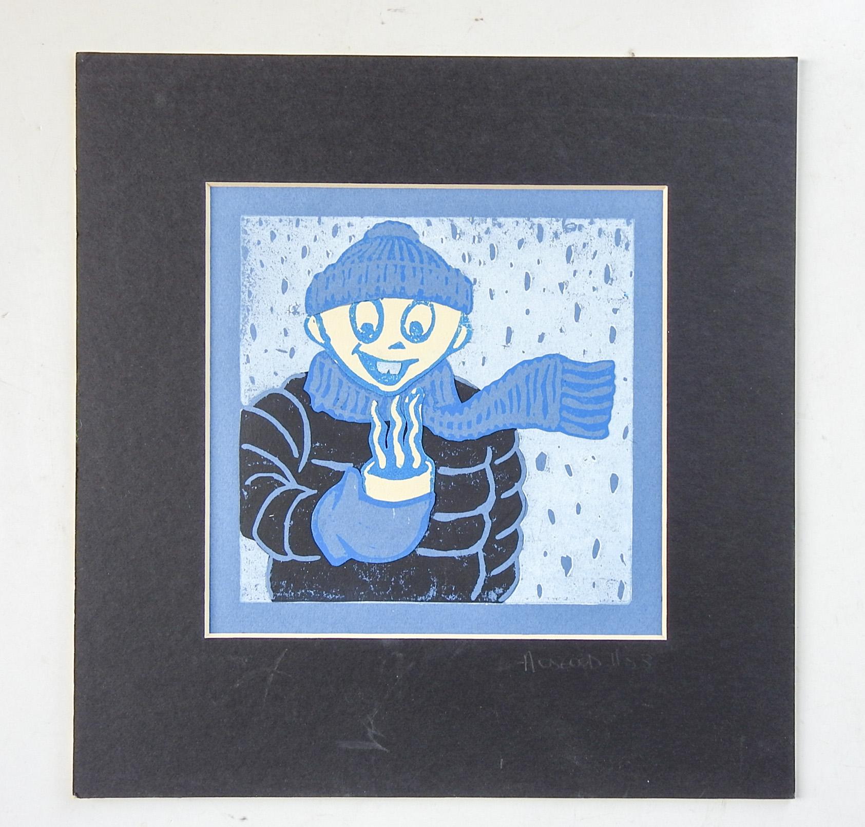 Serigraph on paper of character bundled up for winter holding a steaming cup of coffee or hot chocolate. In blue and black, signed A Osgood numbered 1/53 at bottom of mat. Unframed, displayed in mat and backing, opening size 7