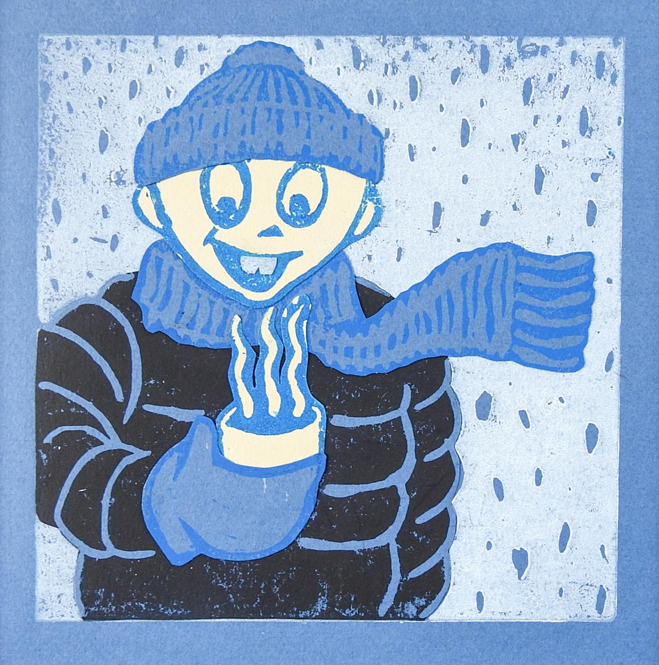 Rustic Winter Figure & Hot Chocolate Serigraph in Blue & Black For Sale