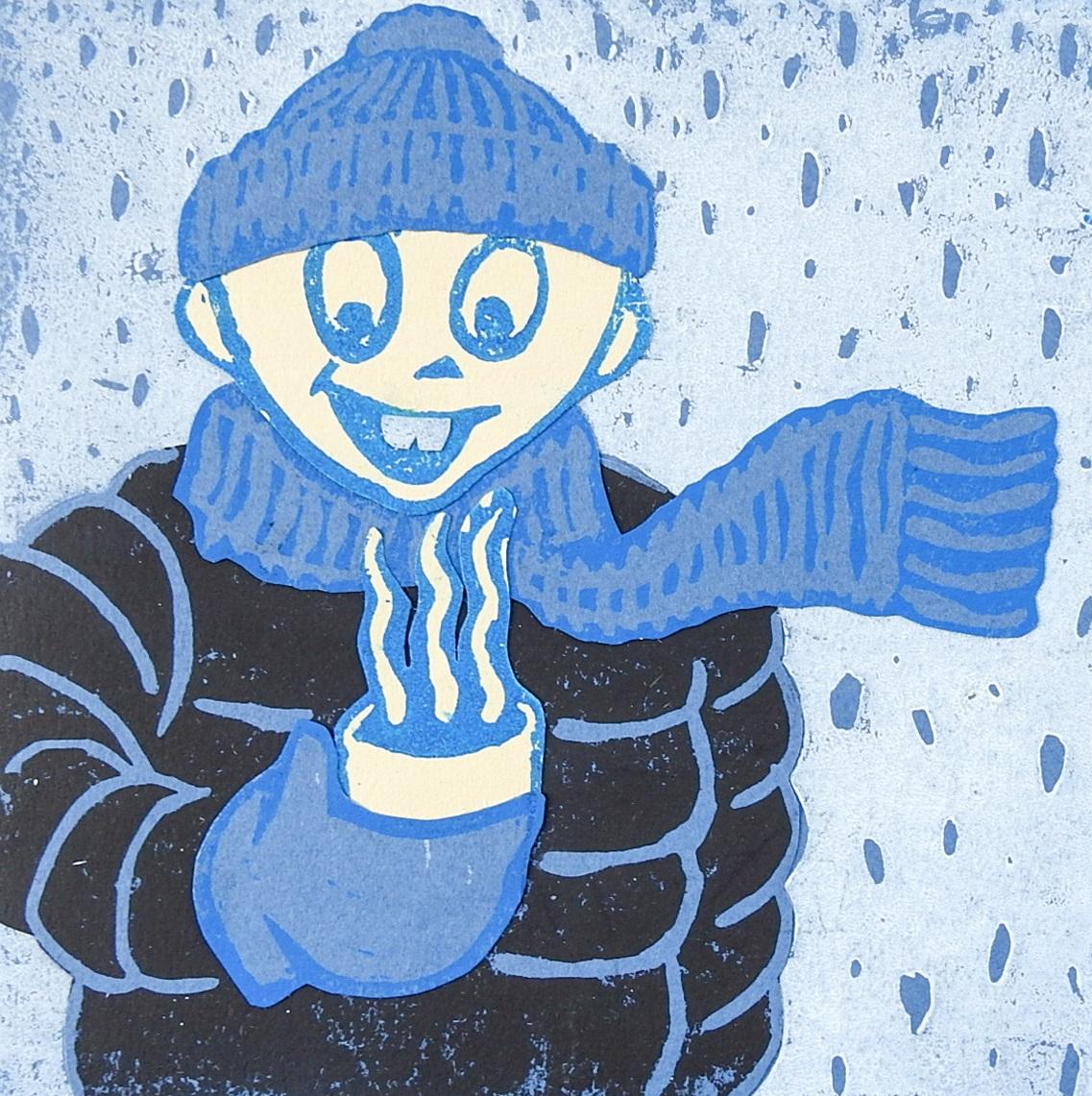 Winterfigur und heiße Schokoladen- Serigraphie in Blau und Schwarz (amerikanisch) im Angebot