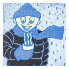 Winter Figure & Hot Chocolate Serigraph in Blue & Black