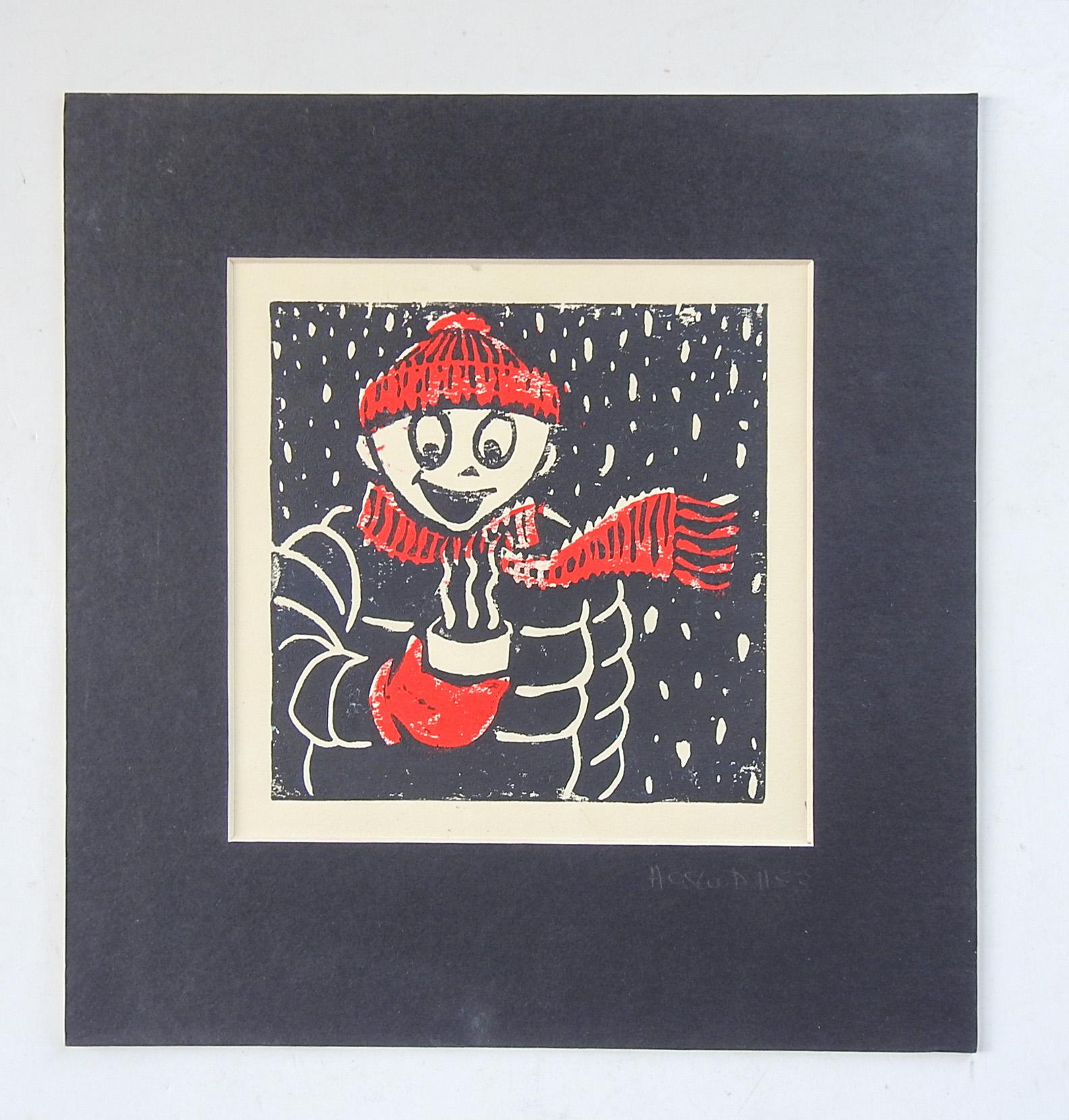 Serigraph on paper of character bundled up for winter holding a steaming cup of coffee or hot chocolate. In red and black, signed A Osgood numbered 1/53 at bottom of mat. Unframed, displayed in mat and backing, opening size 7